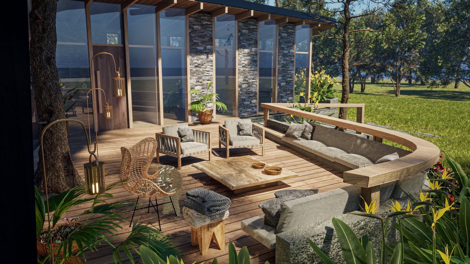 Amplo pátio de madeira com estilo de cabana moderna e vegetação exuberante — projeto Casa Corteza, por COMOTTO - SOMMER  - ARQUITECTOS, em Blvd. La Alameda