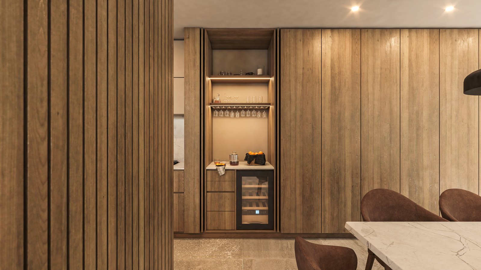 Cocina moderna con paredes de listones de madera y cava integrada — proyecto Casa CITY, por Grupo CRBN, en City Bell