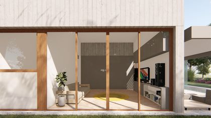 Fachada minimalista con marco madera, grandes ventanales y galería — proyecto Casa Andarivel, por Grupo Studio, en Ciudad de Córdoba