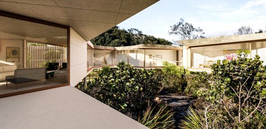Terraza moderna con pergola hormigon, plantas y vistas jardin natural — proyecto Casa Veredas, por Tetro Arquitetura