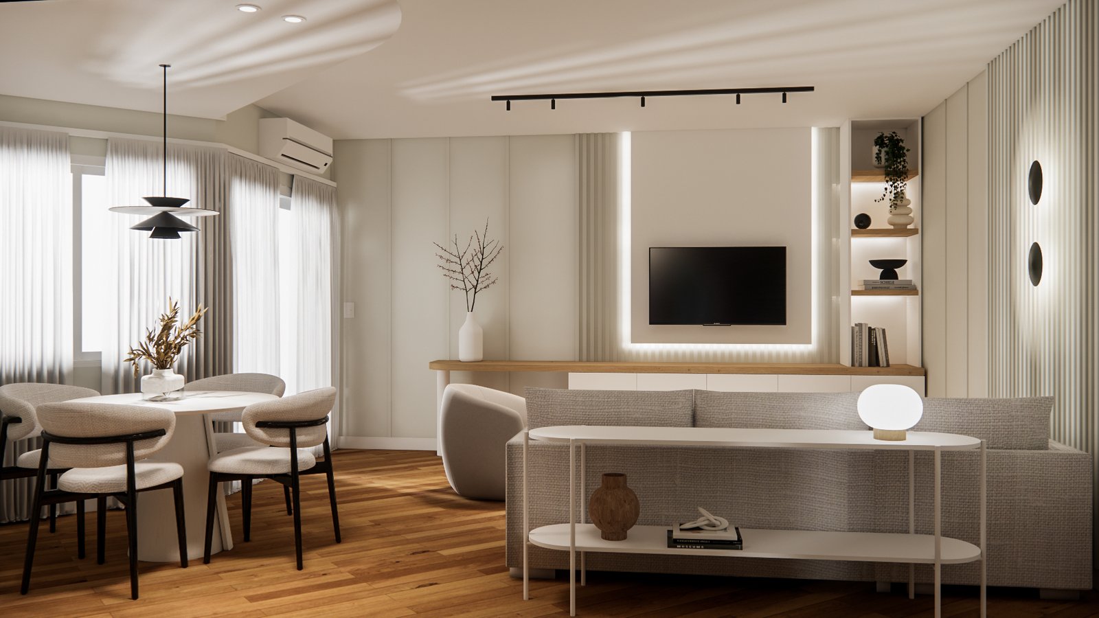 Living comedor moderno escandinavo con paneles y luz indirecta — proyecto Diseño de departamento moderno y elegante, por Mela Deco Design, en Buenos Aires