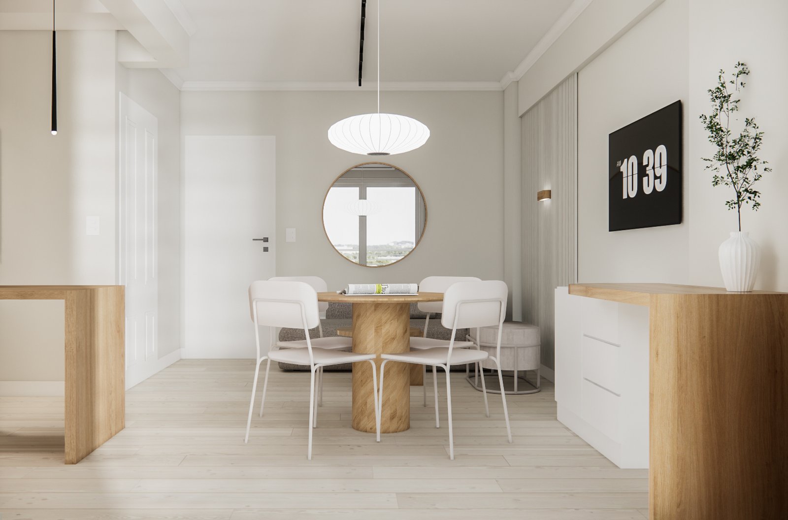Comedor moderno con mesa redonda y sillas minimalistas — proyecto Diseño de departamento funcional y acogedor, por Mela Deco Design, en Buenos Aires