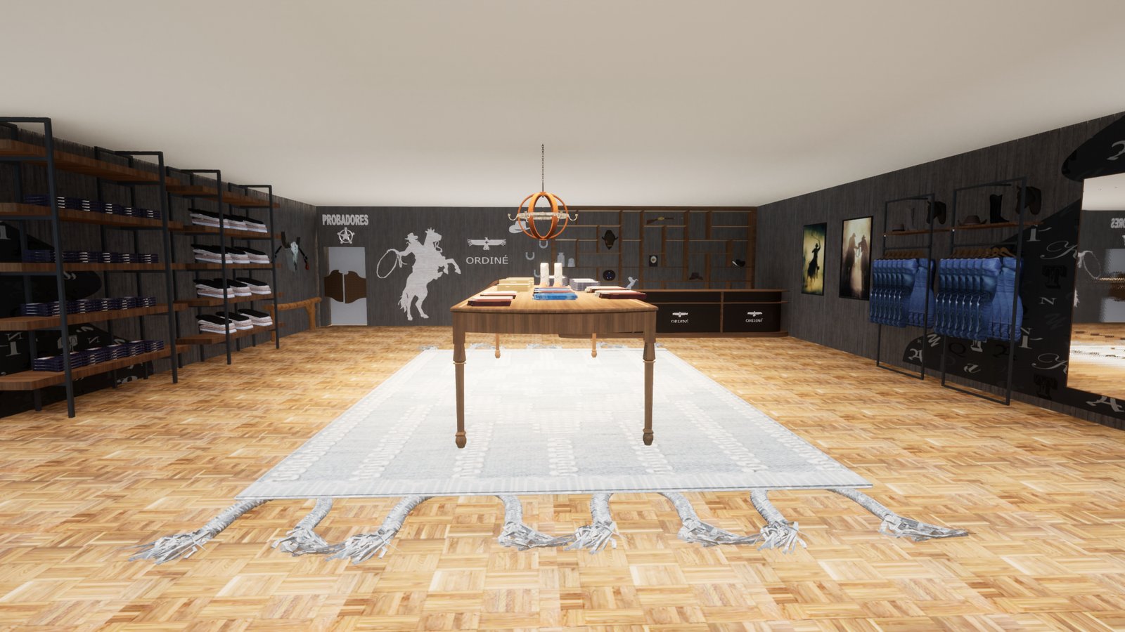 Espaço de varejo com tema western, prateleiras altas e tapete branco — projeto Diseño local comercial (ropa), por CZ.Interiores, em Palermo Hollywood