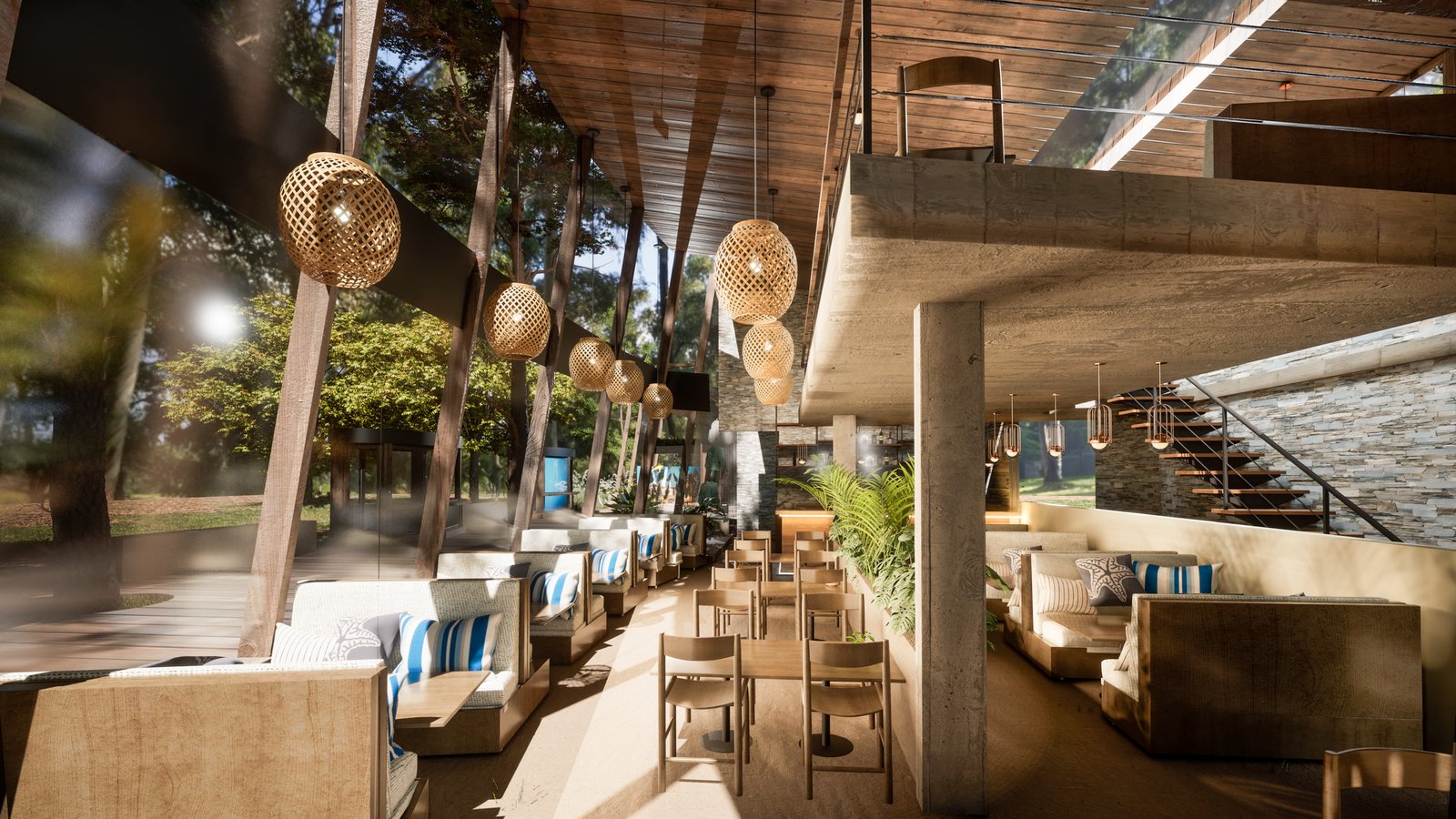 Espacio comercial rústico moderno con vegetación exuberante — proyecto Paseo Comercial Costa del Este, por COMOTTO - SOMMER  - ARQUITECTOS, en Costa del Este
