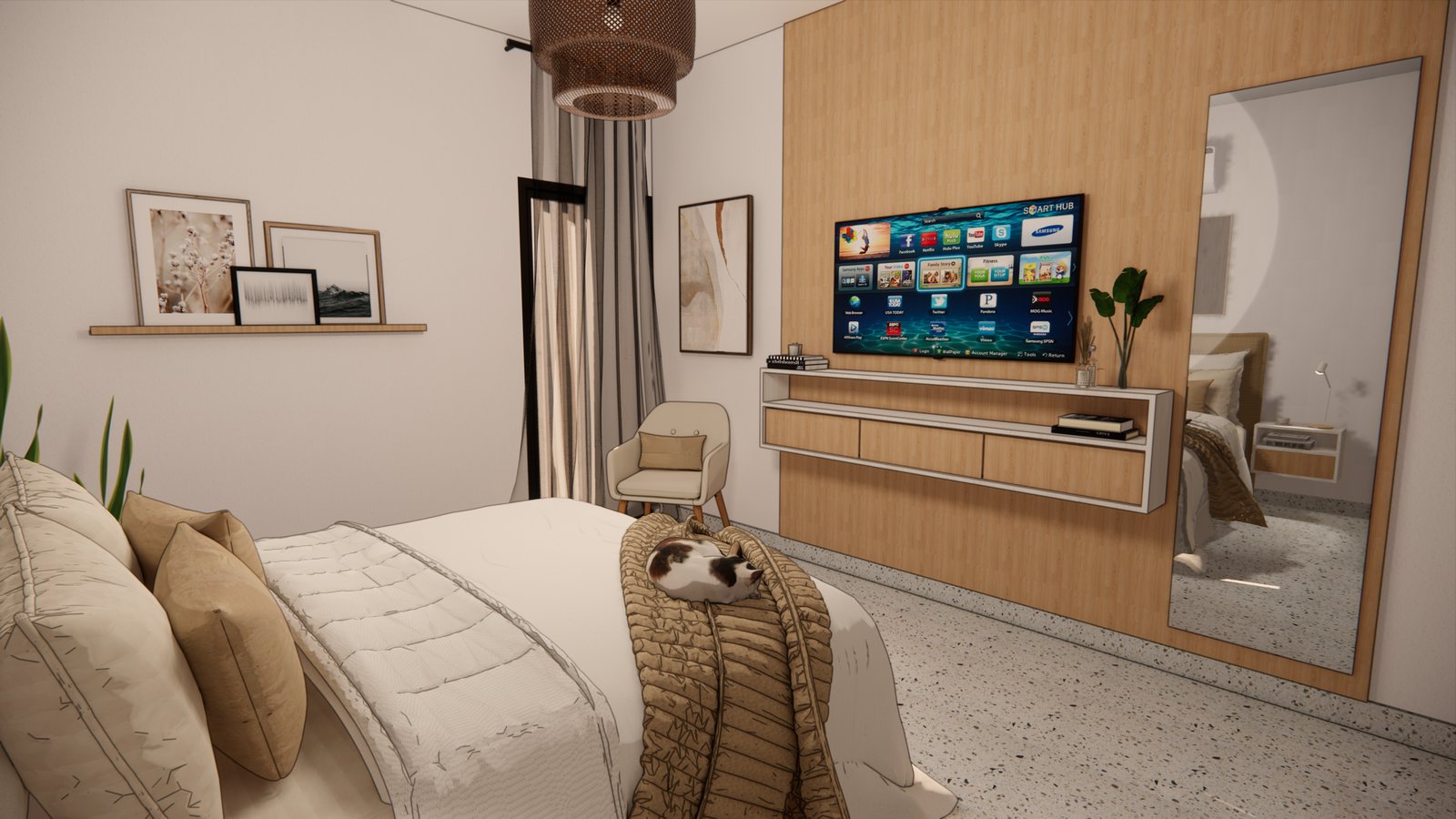 Quarto moderno com parede de ripas de madeira e detalhes escandinavos — projeto PROYECTO DN, por Todo con A, em X5125 Monte Cristo