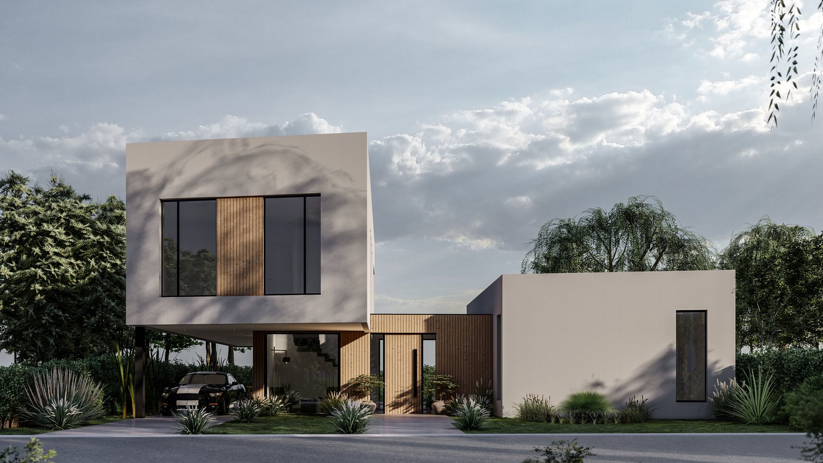 Casa moderna de dois andares com volumes geométricos e detalhes em madeira — projeto La Renata, por B|Q STUDIO, em Parque Leloir