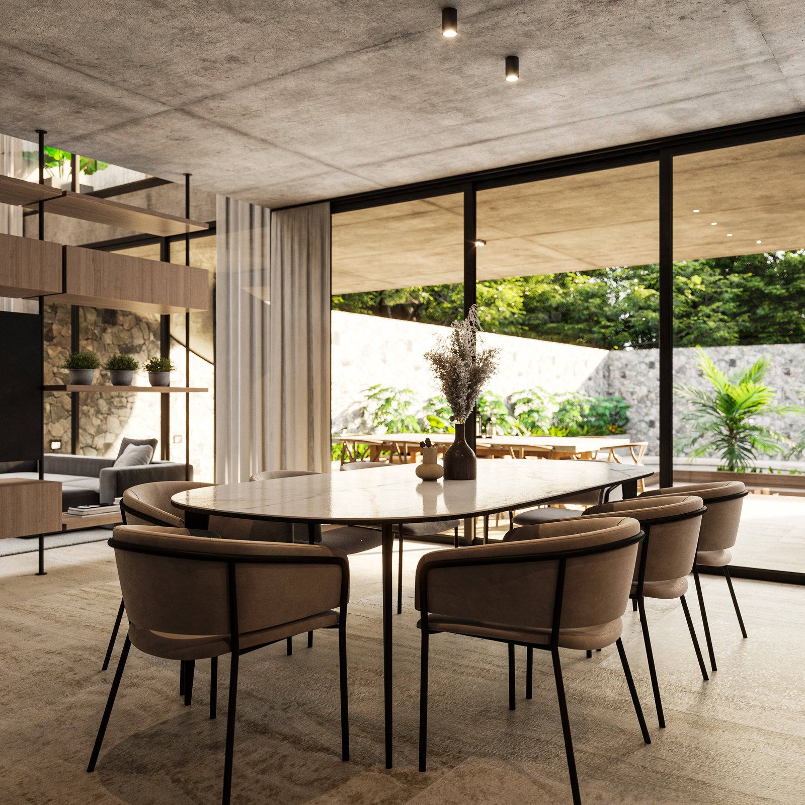 Comedor moderno con techo de hormigón y vista al bosque — proyecto Casa MITO, por Grupo CRBN, en Ituzaingó