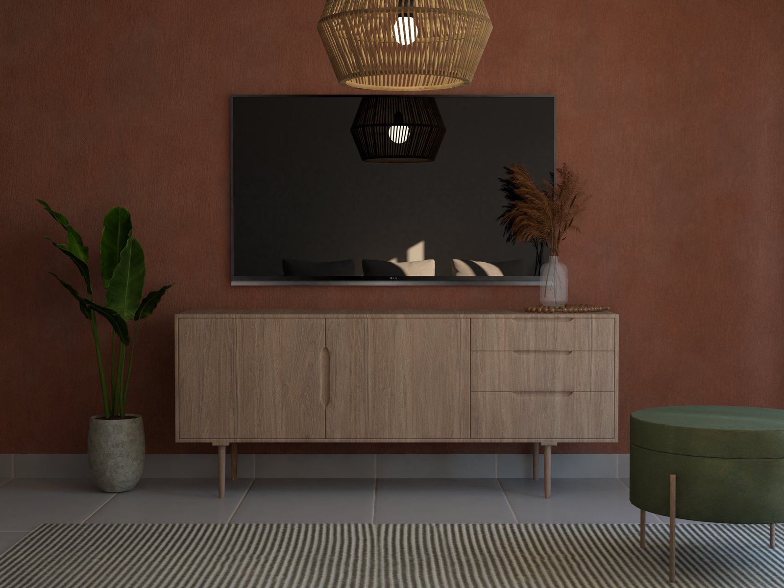 Living con pared terracota, mueble de madera y luz tejida — proyecto Edificio de departamentos con resto Bar en roftop., por Arquitecto Gustavo Maidana, en Caá Catí