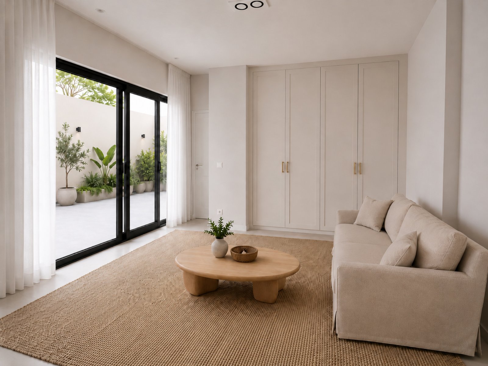 Living moderno con sofa curvo, mesa organica y ventanal — proyecto Arenales, por Equipe, en Buenos Aires