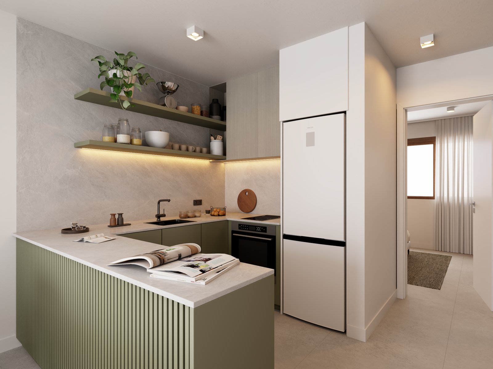 Cocina moderna con isla verde y estanterías de madera — proyecto Edificio Juncal, por LW Lopez Wolder arquitectos, en Juncal 2463