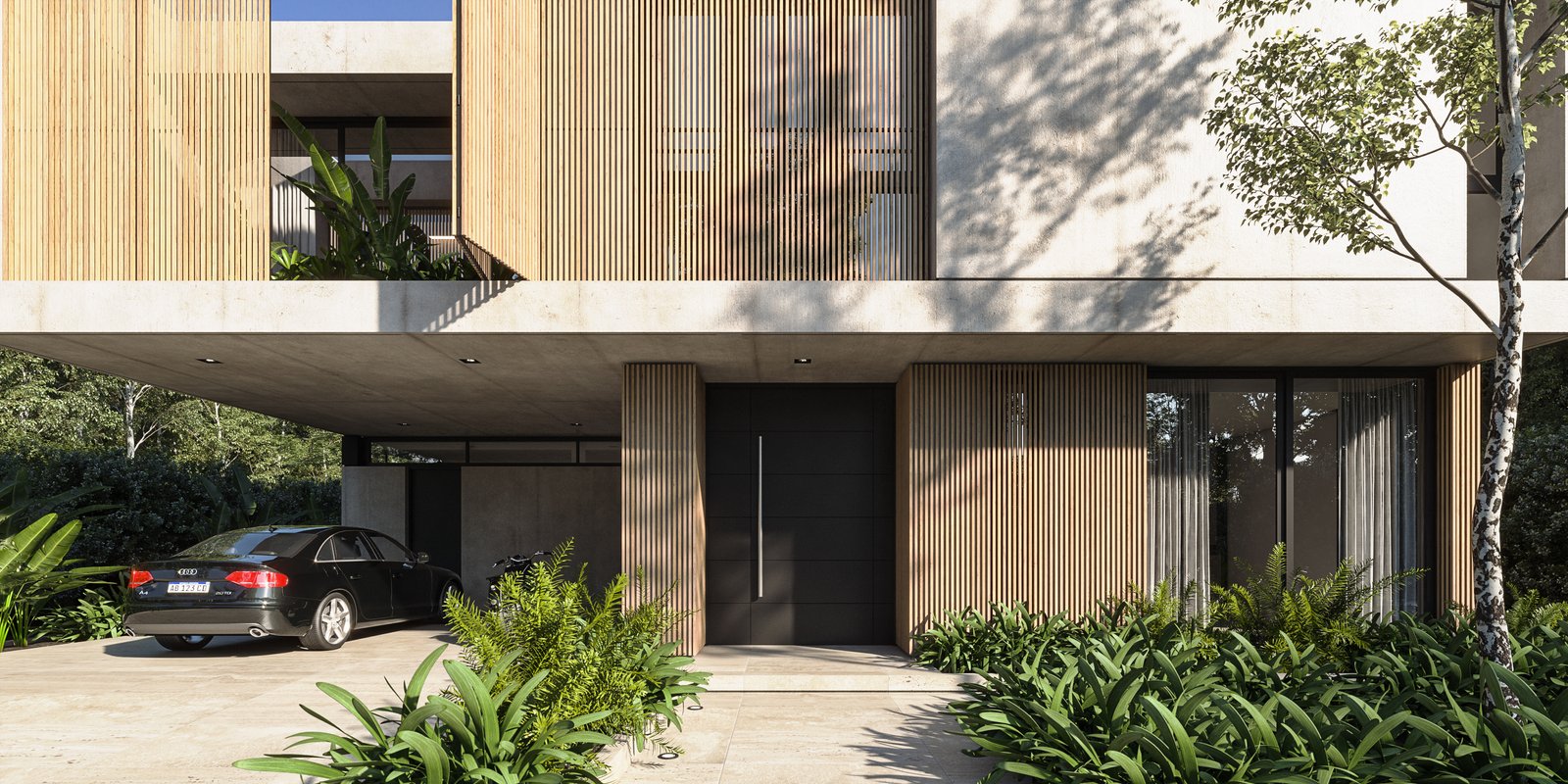 fachada moderna con madera, vegetación y auto bajo techo — proyecto Casa TERRA, por Grupo CRBN, en Los Robles 5901