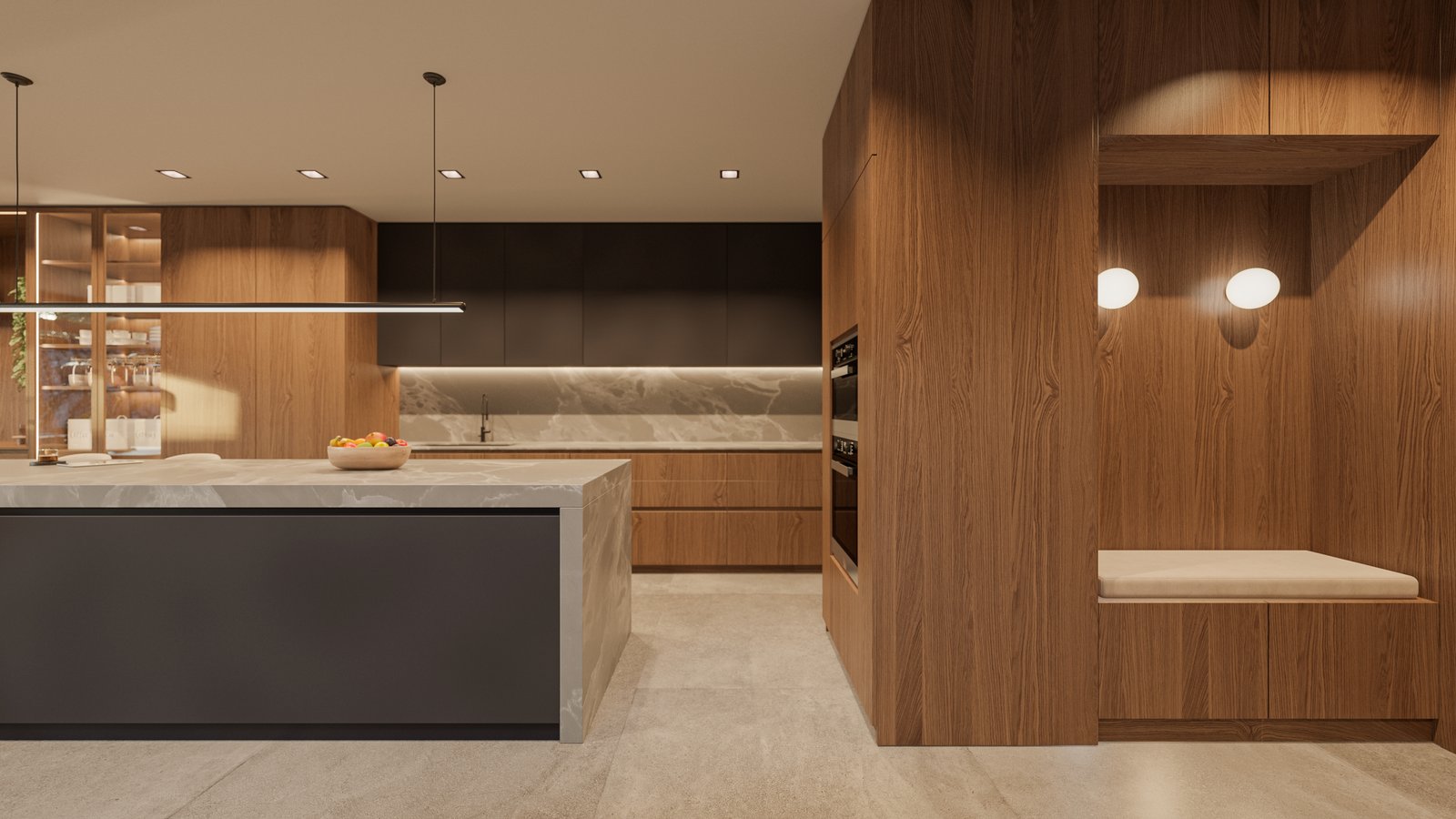 Cozinha moderna de conceito aberto com ilha e detalhes em madeira — projeto Casa IZA, por Grupo CRBN, em Villa Urquiza