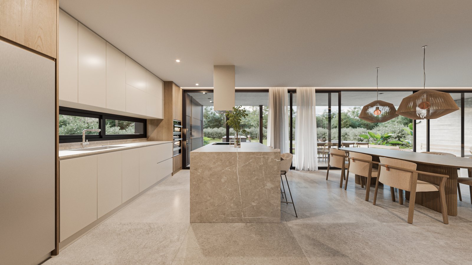 Cocina moderna y comedor abierto con isla de piedra y ventanales — proyecto Casa BEAT, por Grupo CRBN, en Av. de los Lagos 1815