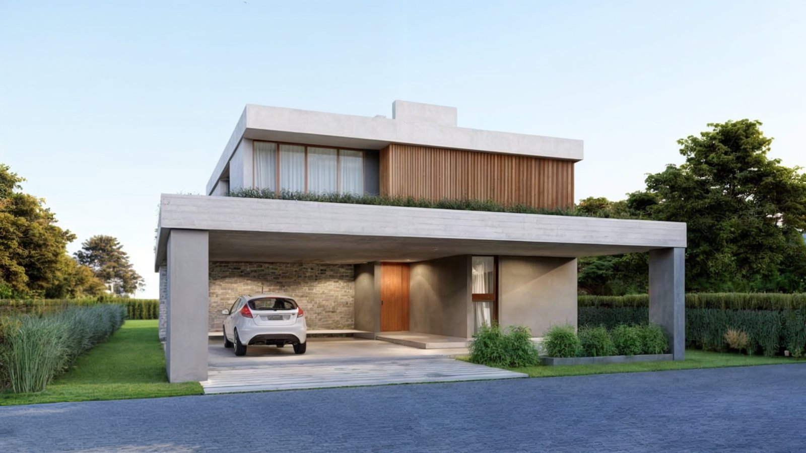 Casa moderna de dos pisos con voladizo y detalles en madera — proyecto Casa Magallanes, por Zima Arquitectura, en City Bell