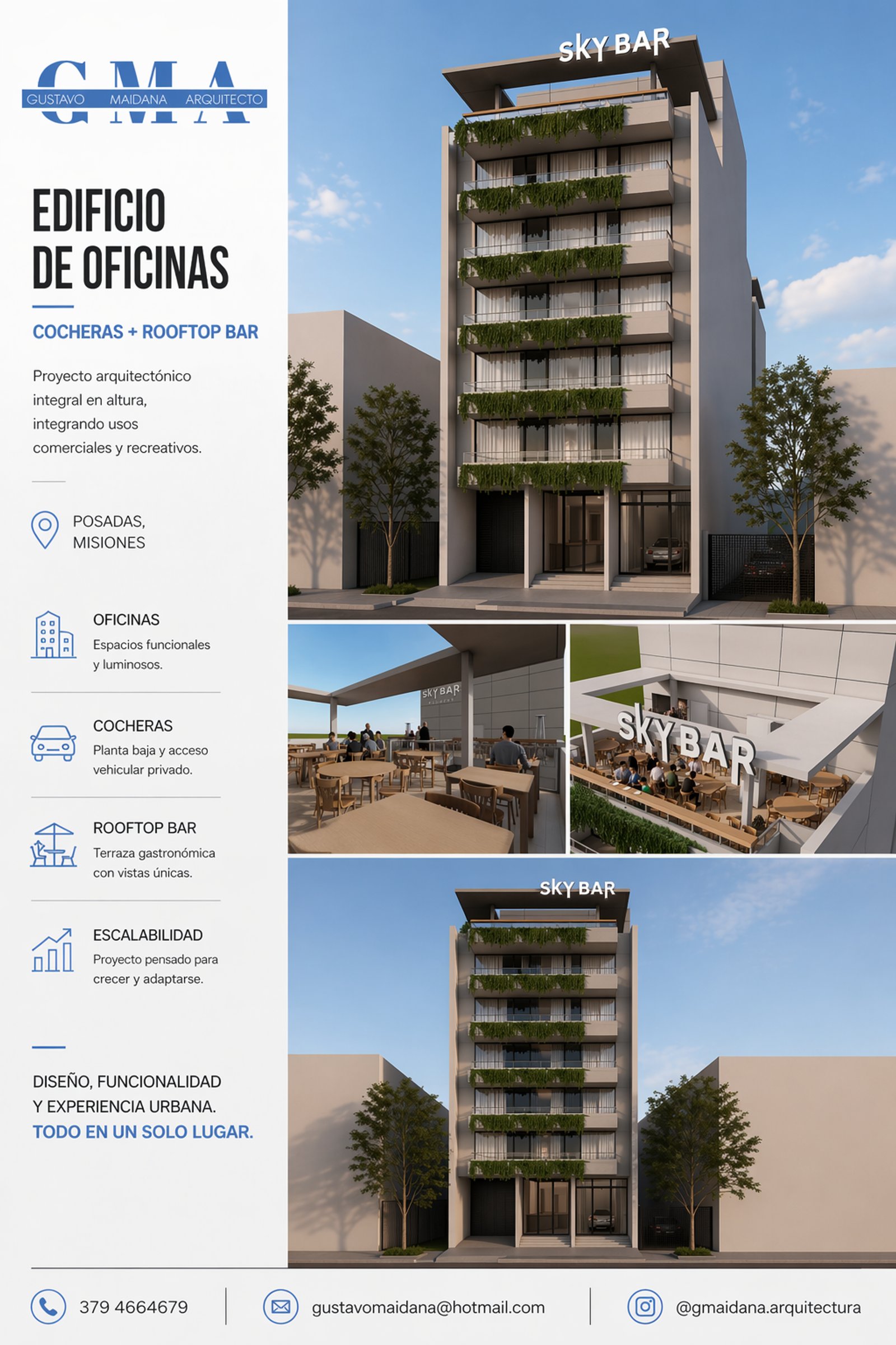 Edificio moderno con oficinas y rooftop bar — proyecto Edificio de Oficinas, Posadas, Misiones, por Arquitecto Gustavo Maidana, en Posadas