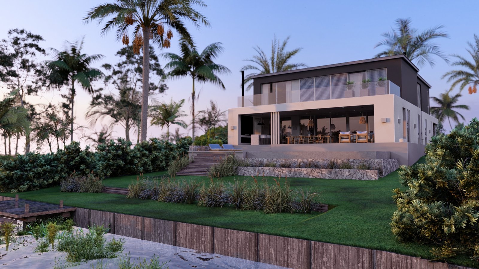 Casa moderna de dois andares com deck e coqueiros — projeto Casa JC, por Hermann Arquitectos, em RP25