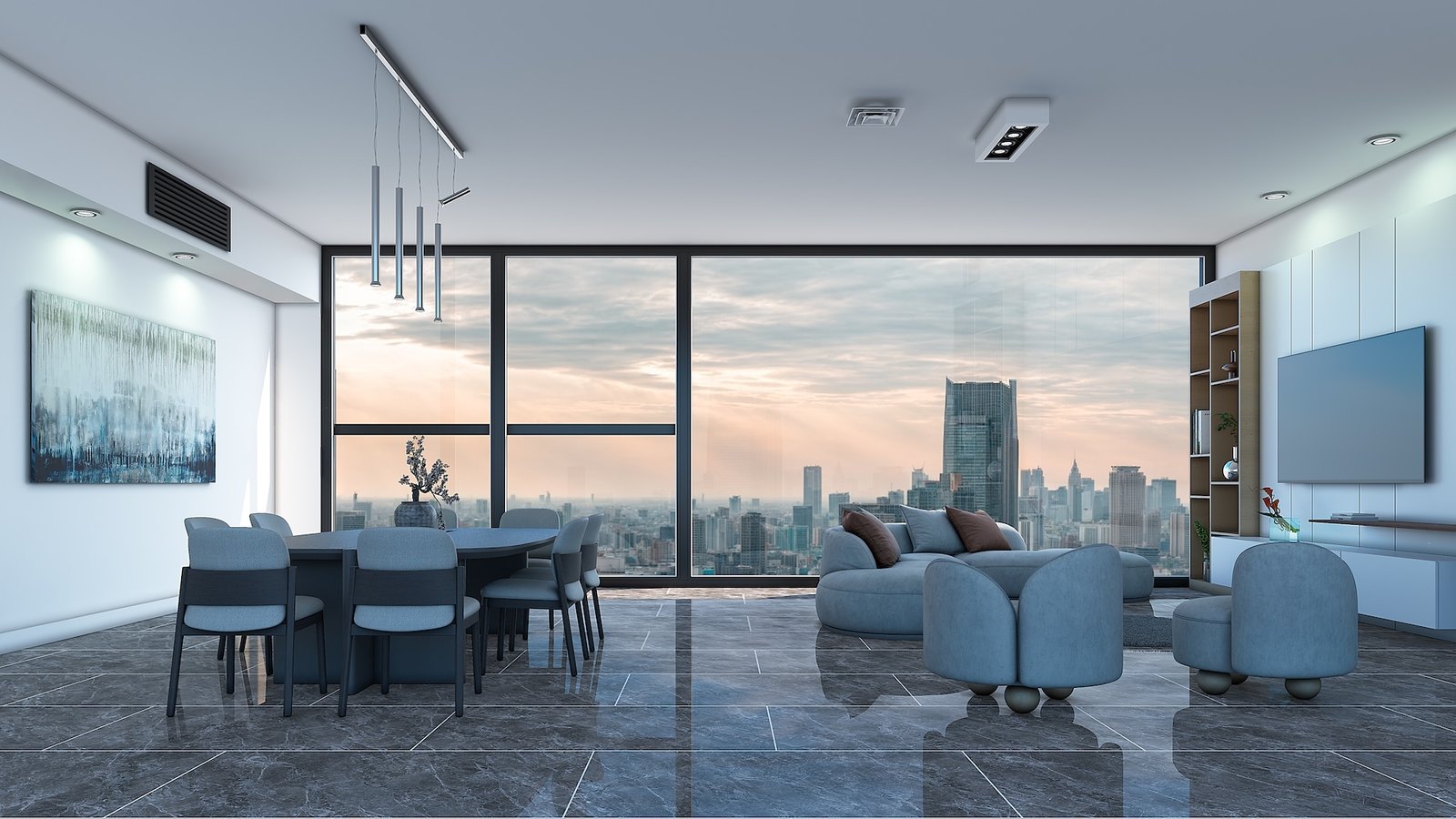 Living moderno con vista a la ciudad y comedor integrado — proyecto Marmol, por Cerámica Cañuelas