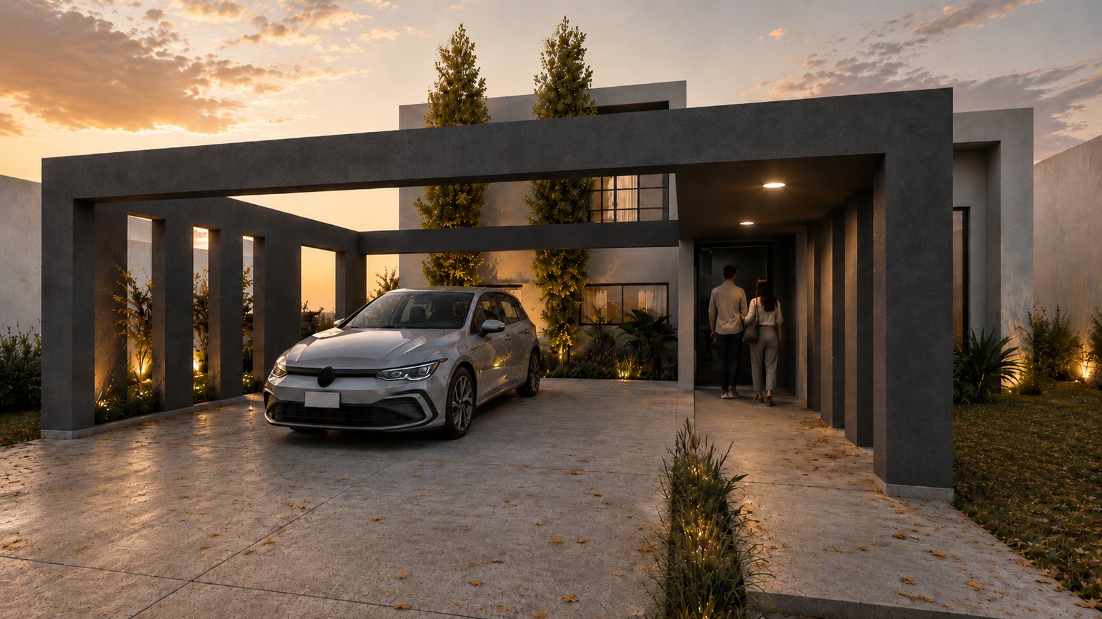 Fachada moderna con cochera y auto, iluminación cálida — proyecto Casa Scott, por WILSON ARQUITECTURA, en Pilar