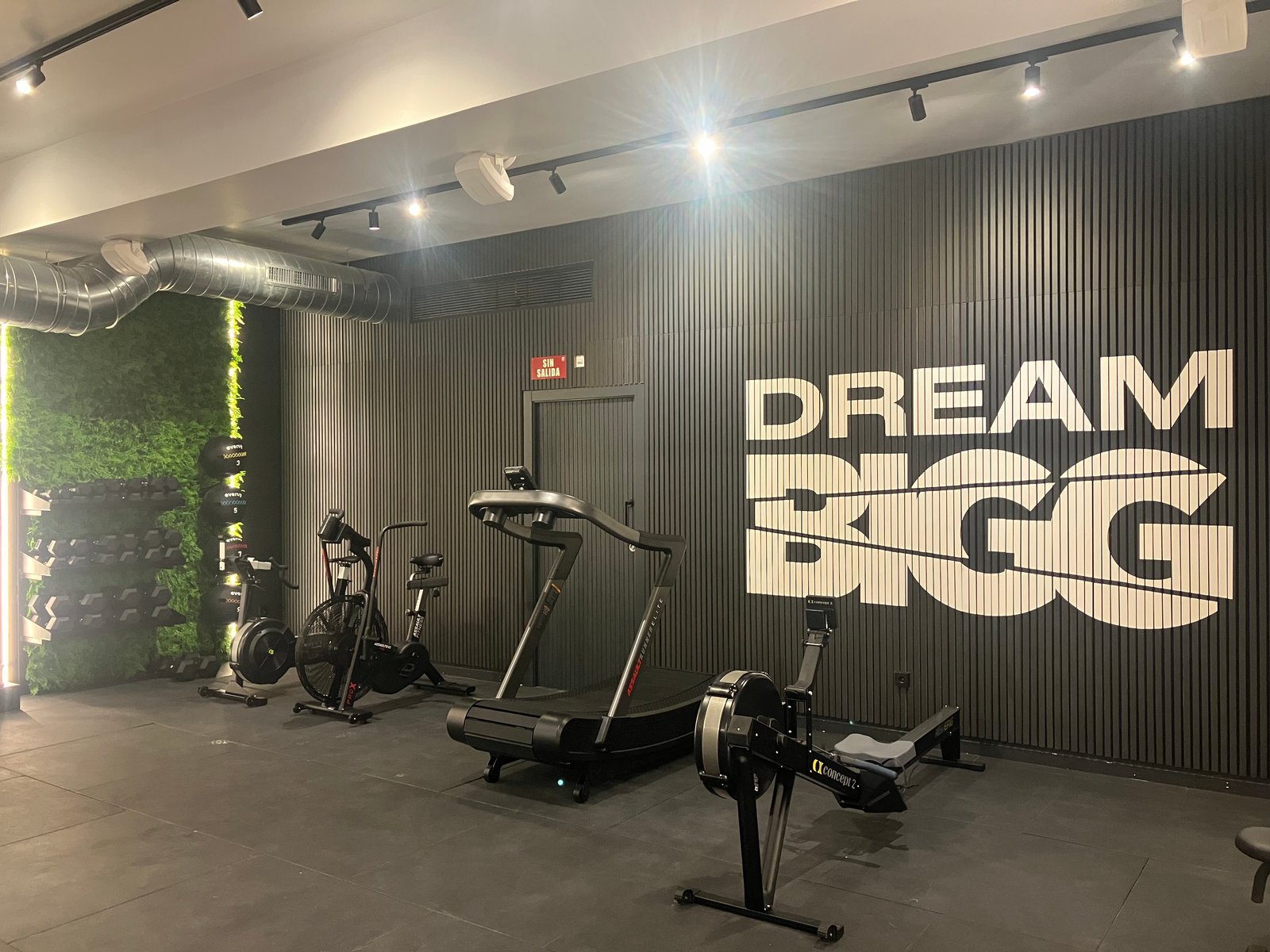 Gimnasio moderno con pared de listones negros y equipamiento — proyecto BIGG EIXAMPLE, por GeN Arquitectura, en Carrer del Consell de Cent