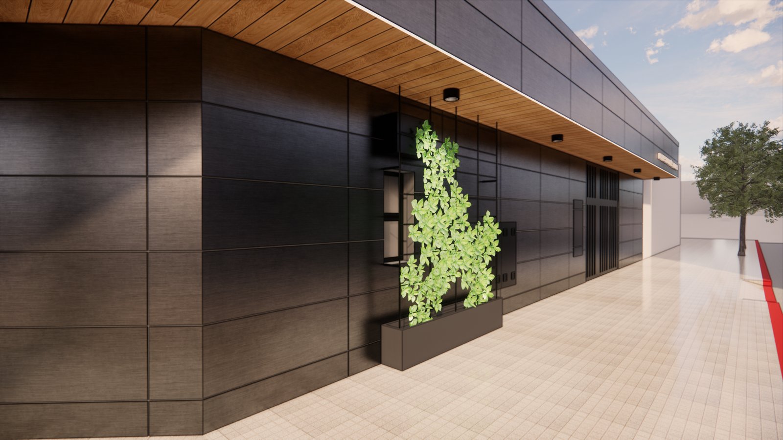 fachada moderna de loja comercial com vegetação — projeto FACHADA WARNING, por Todo con A, em Córdoba