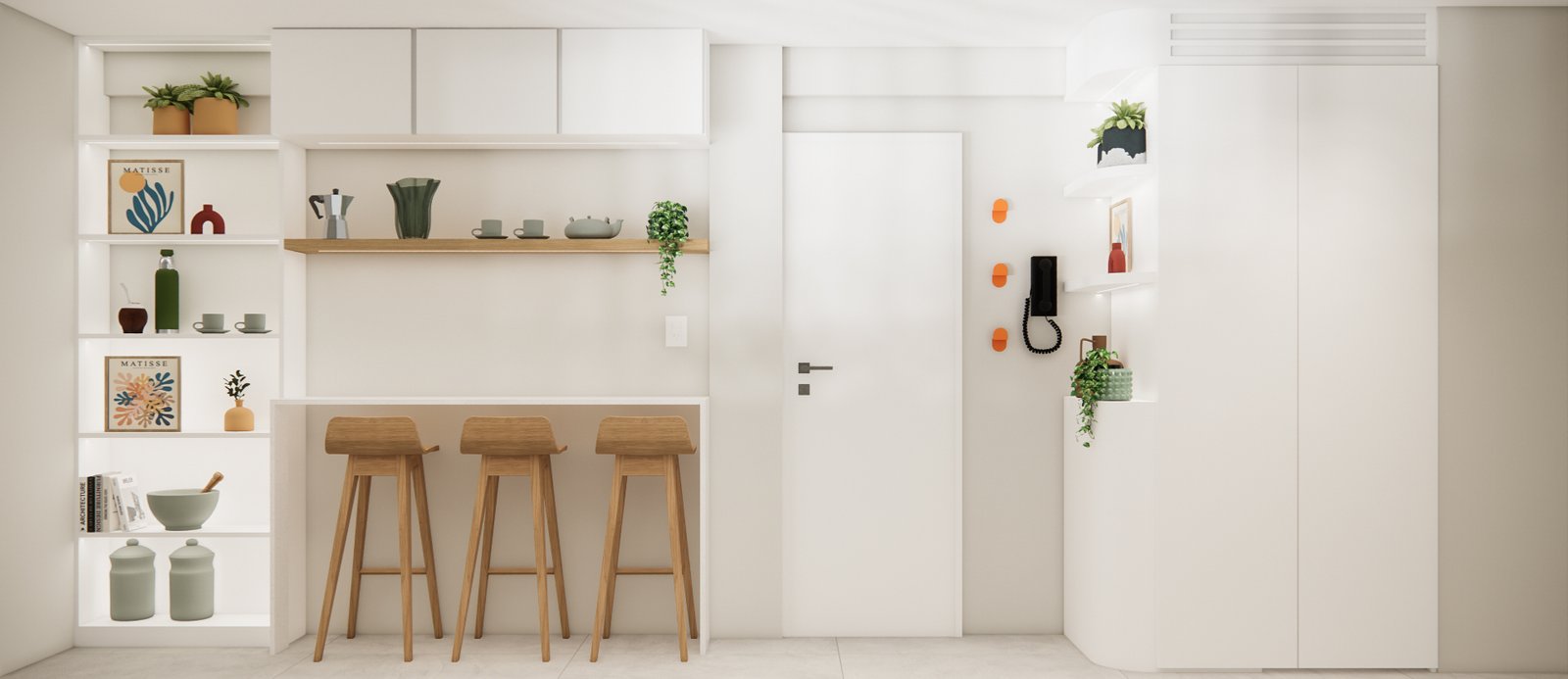 Cocina moderna escandinava con barra de desayuno y estanterías integradas — proyecto Colorida renovación total de casa, por Mela Deco Design, en Buenos Aires