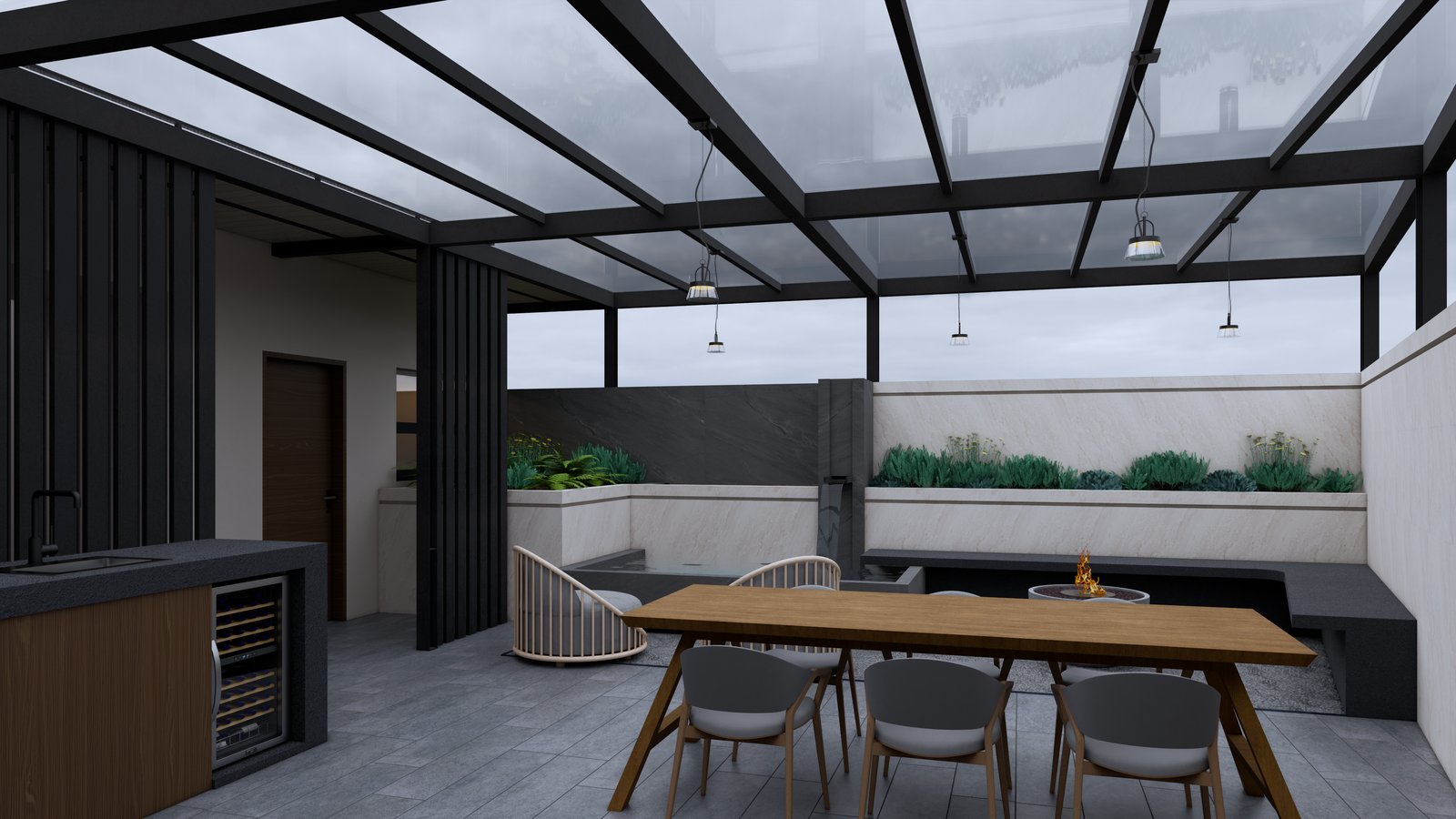 Terraza moderna con cocina exterior integrada y techo vidriado — proyecto Roof Garden 7240, por Fenarq Estudio de Arquitectura, en Amozoc de Mota