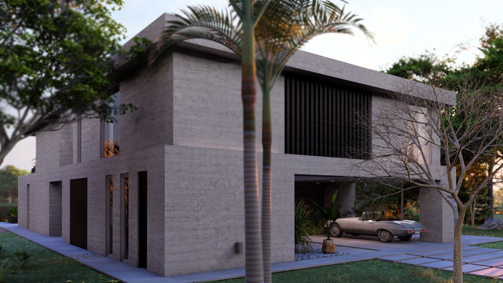 fachada moderna em concreto com vegetação e carro clássico — projeto Casa AC, por Hermann Arquitectos, em Nordelta