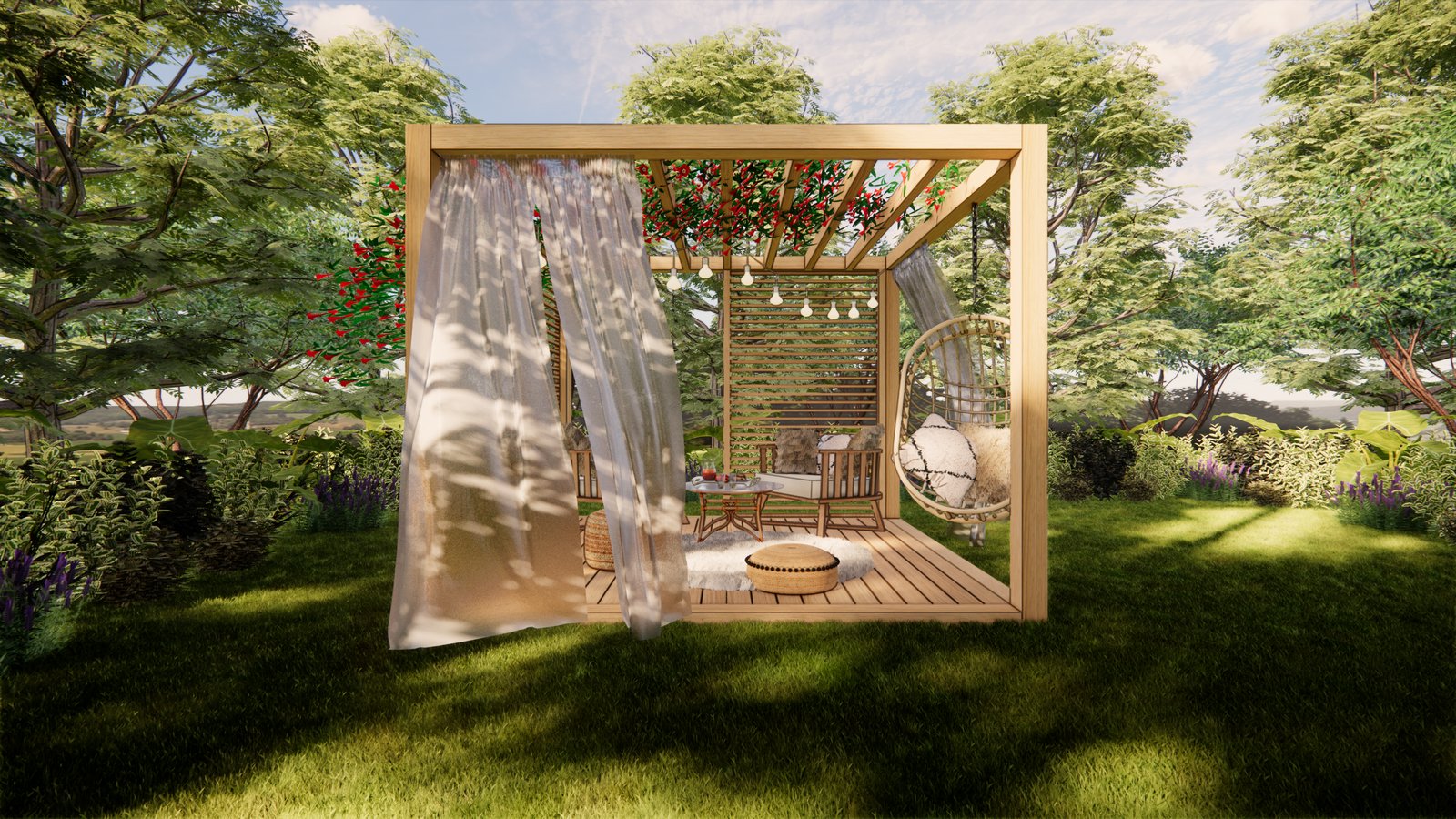 Espaço externo boho moderno com cadeira suspensa e cortinas — projeto PROYECTO LUND, por Todo con A, em Villa del Rosario