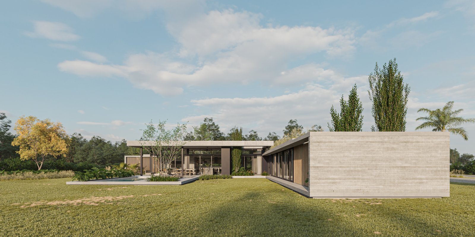Casa moderna con fachada de hormigón y amplios ventanales — proyecto Casa LAZO, por Grupo CRBN, en B2812 Exaltación de la Cruz
