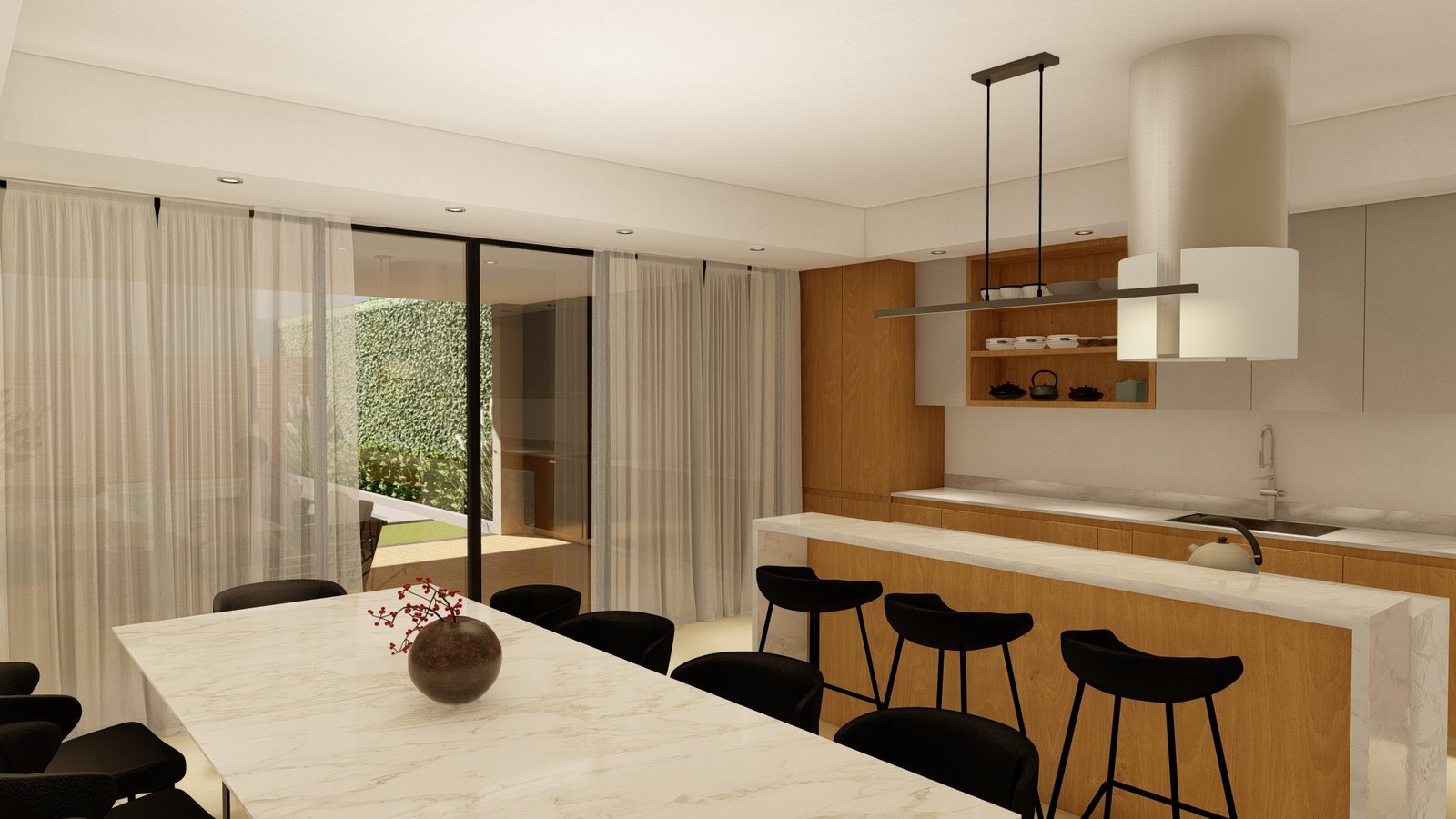 Cocina comedor moderno integrado con isla y luz natural — proyecto Casa FG , por L8A | interiorismo & arquitectura, en Simón Bolívar 237