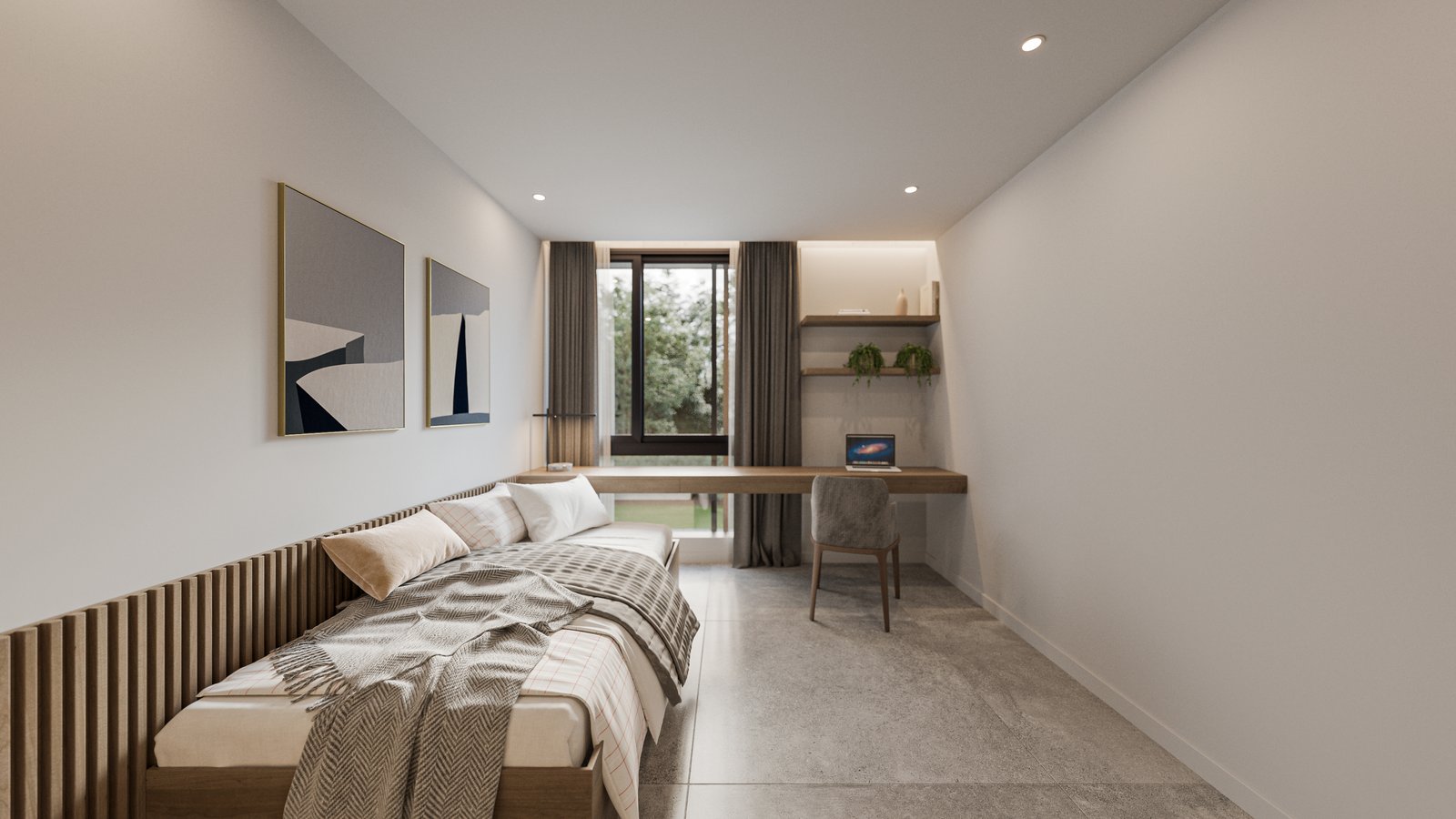 Dormitorio moderno con escritorio integrado y arte abstracto — proyecto Casa BEAT, por Grupo CRBN, en Av. de los Lagos 1815