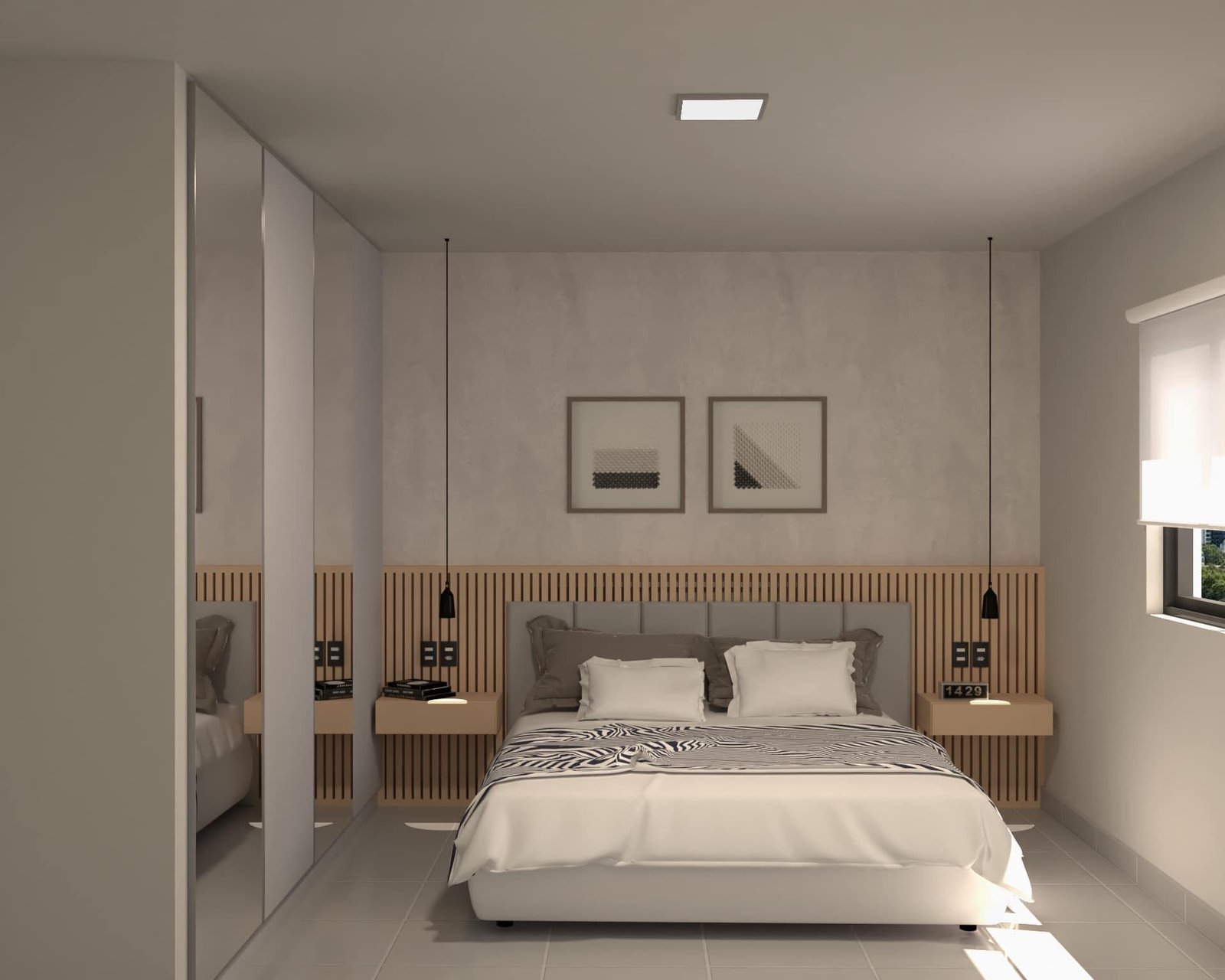 Quarto moderno estilo escandinavo com parede de ripas de madeira — projeto Edificio de departamentos con resto Bar en roftop., por Arquitecto Gustavo Maidana, em Caá Catí