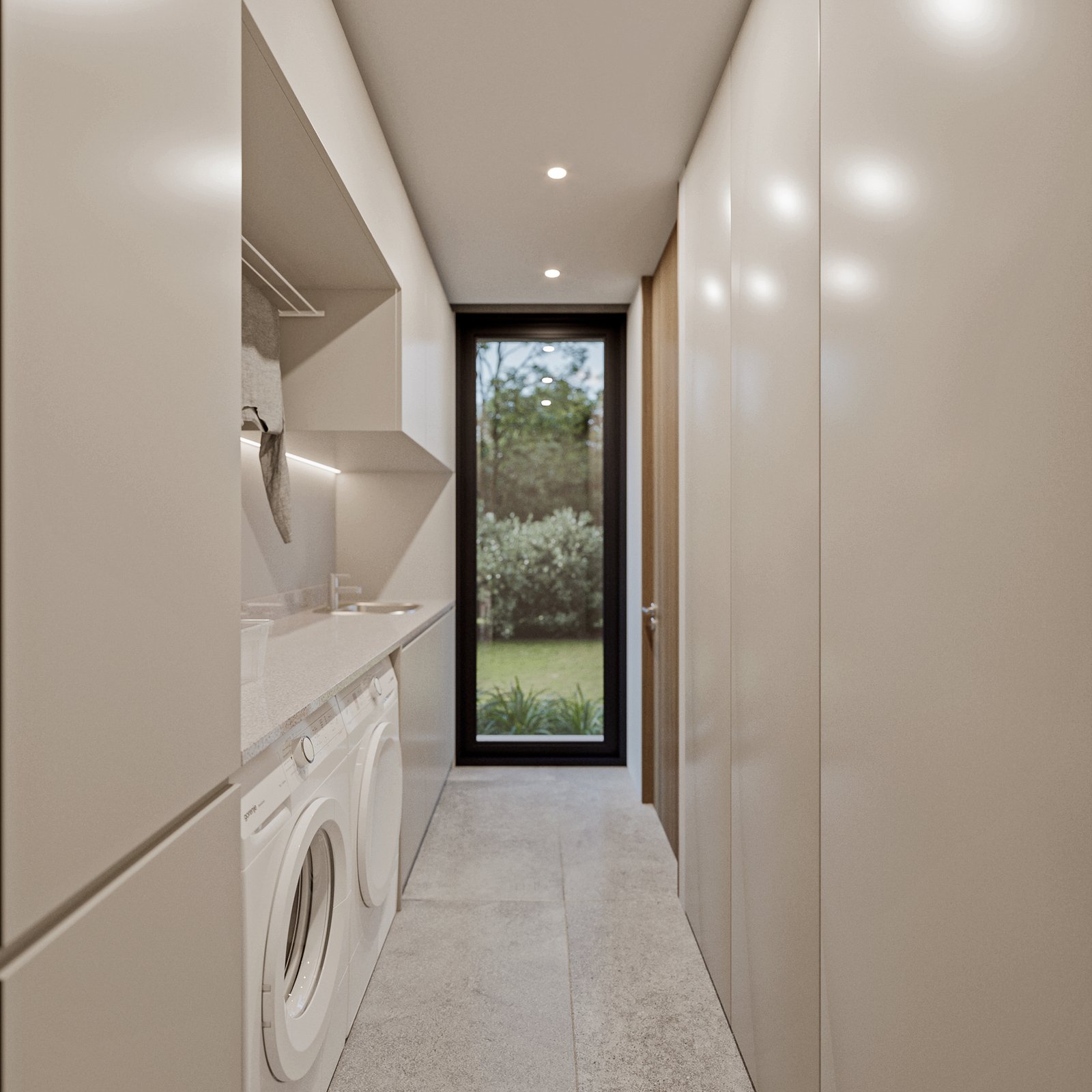 Lavadero moderno minimalista con muebles empotrados beige — proyecto Casa BEAT, por Grupo CRBN, en Av. de los Lagos 1815