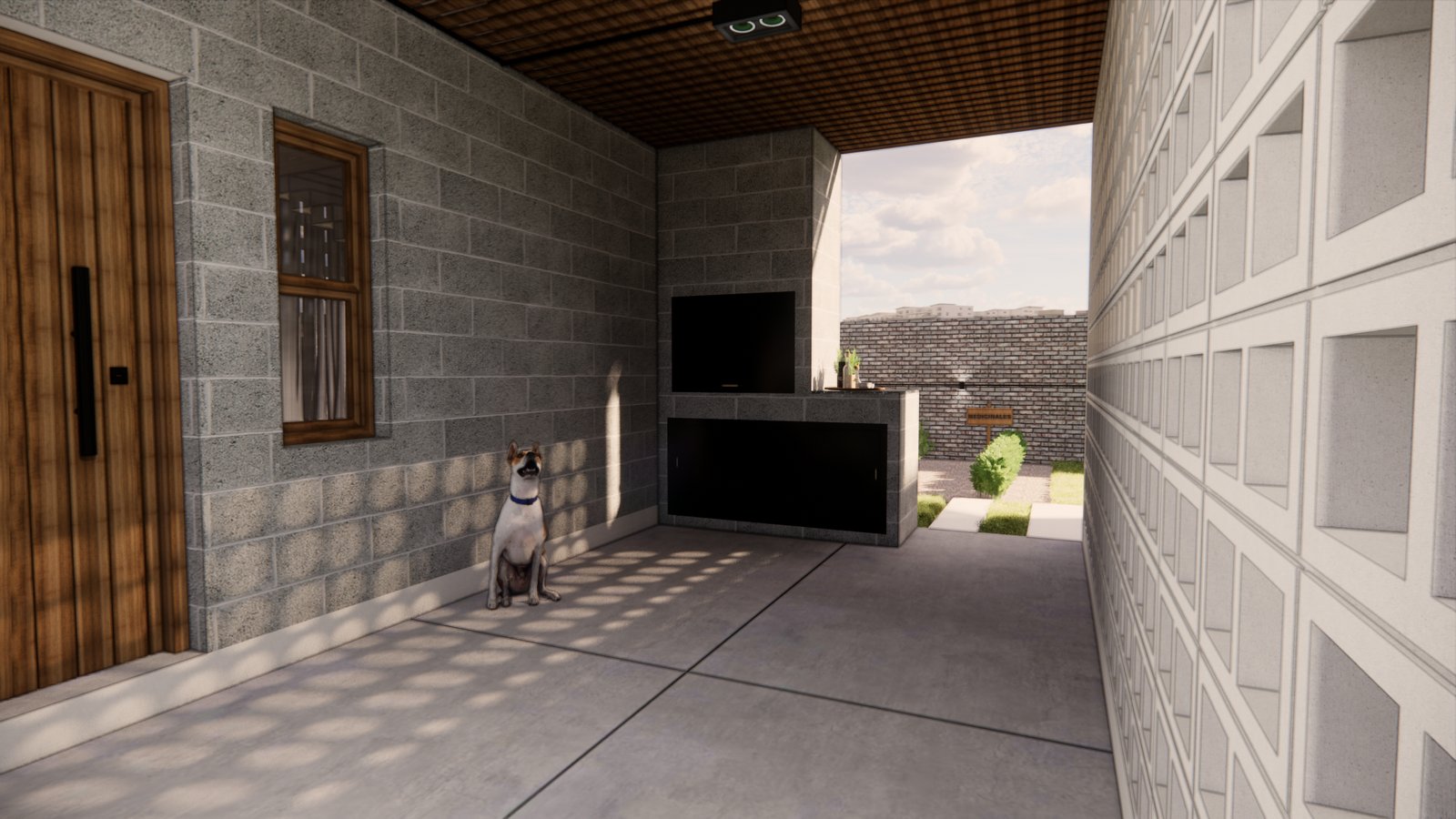 Área de churrasco moderna com blocos de concreto e estátua de cachorro — projeto FACHADAS ET, por Todo con A, em Villa del Rosario