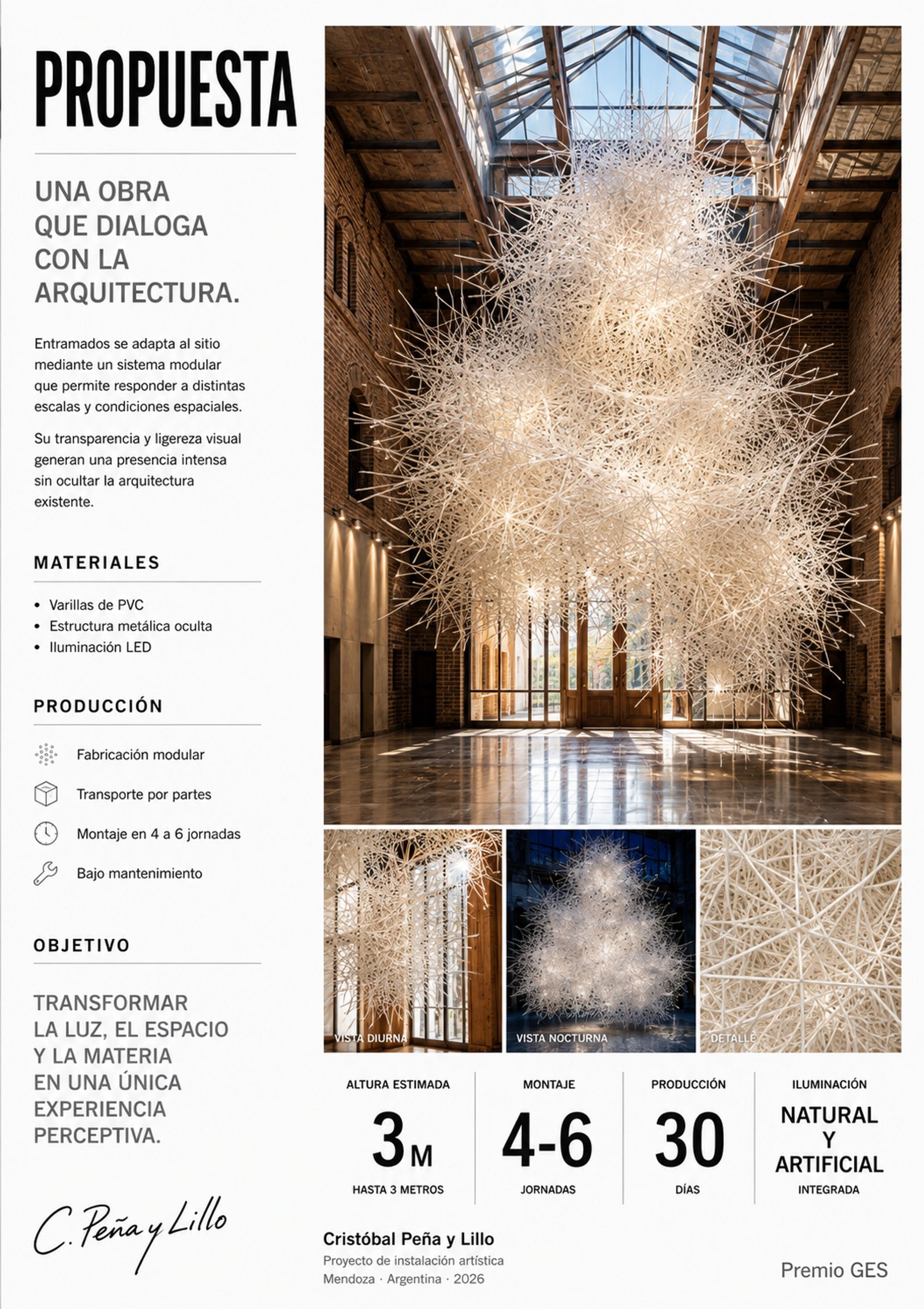 Proposta de instalação de arte com escultura aérea e arquitetura industrial — projeto Hoteles, por Cristóbal Peña y Lillo, em Mendoza