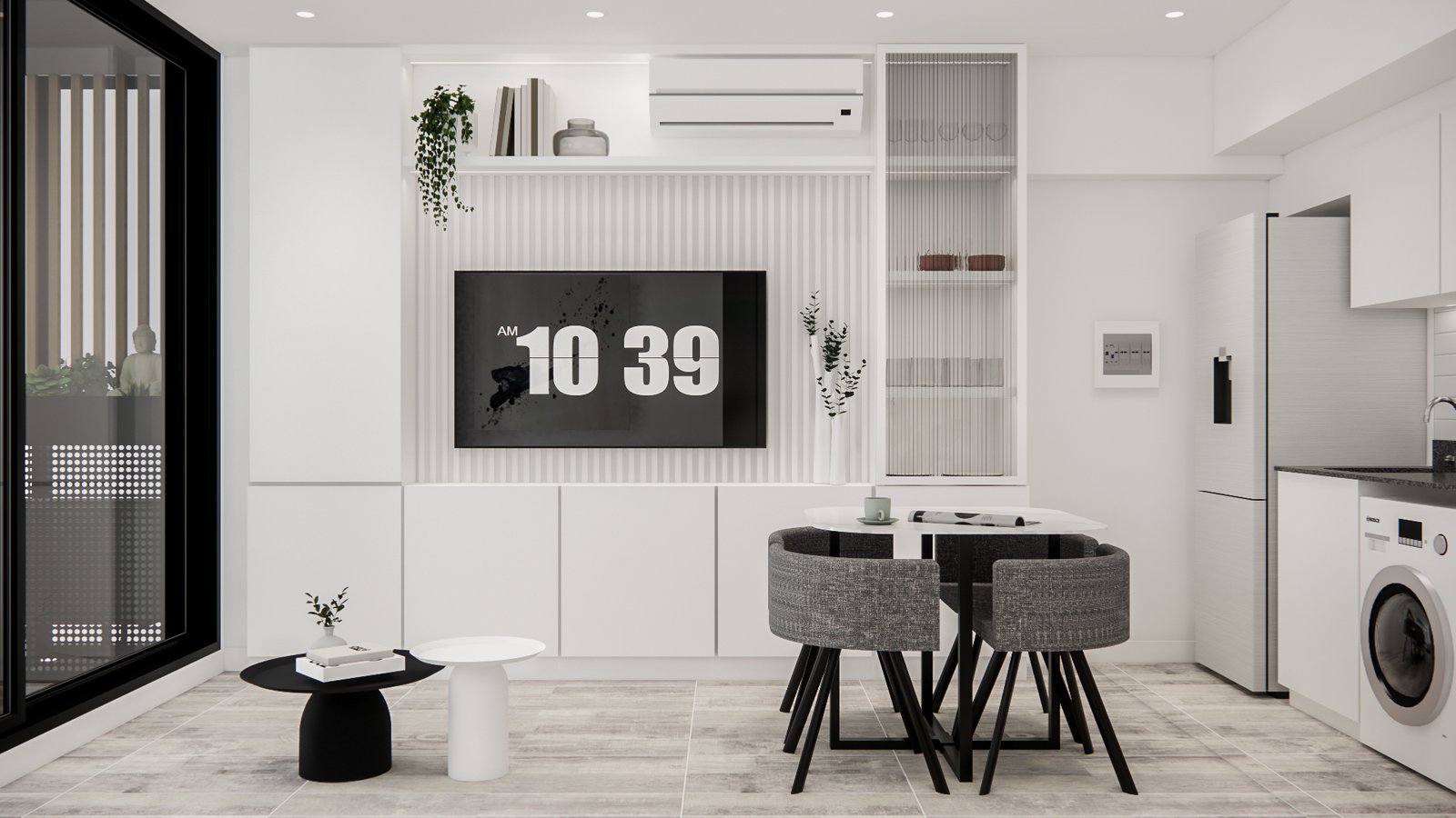 Living comedor moderno con pared de listones blancos y muebles minimalistas — proyecto Diseño de departamento minimalista, por Mela Deco Design, en Buenos Aires