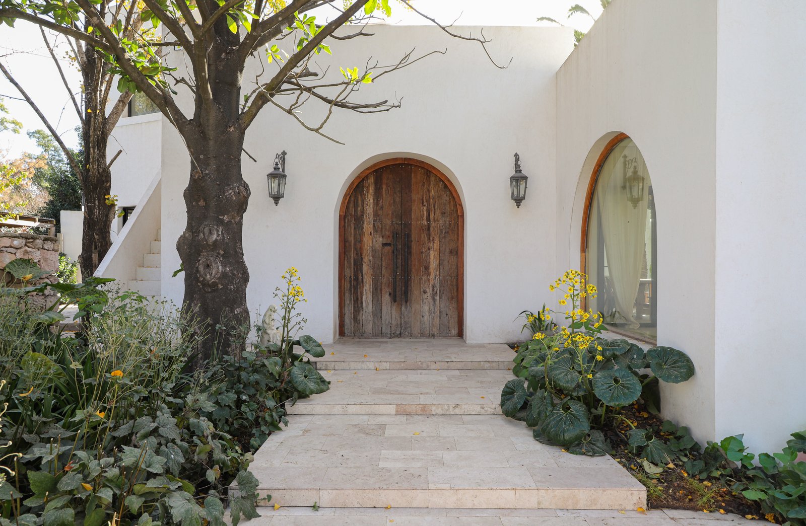 fachada mediterránea moderna con vegetación exuberante — proyecto Casa Montevideo, por R+B arquitectos, en Bella Vista