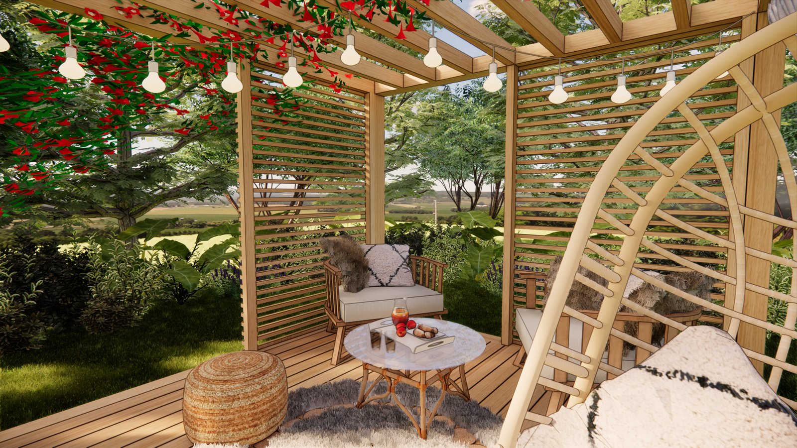 Patio rústico moderno con silla colgante y vegetación exuberante — proyecto PROYECTO LUND, por Todo con A, en Villa del Rosario