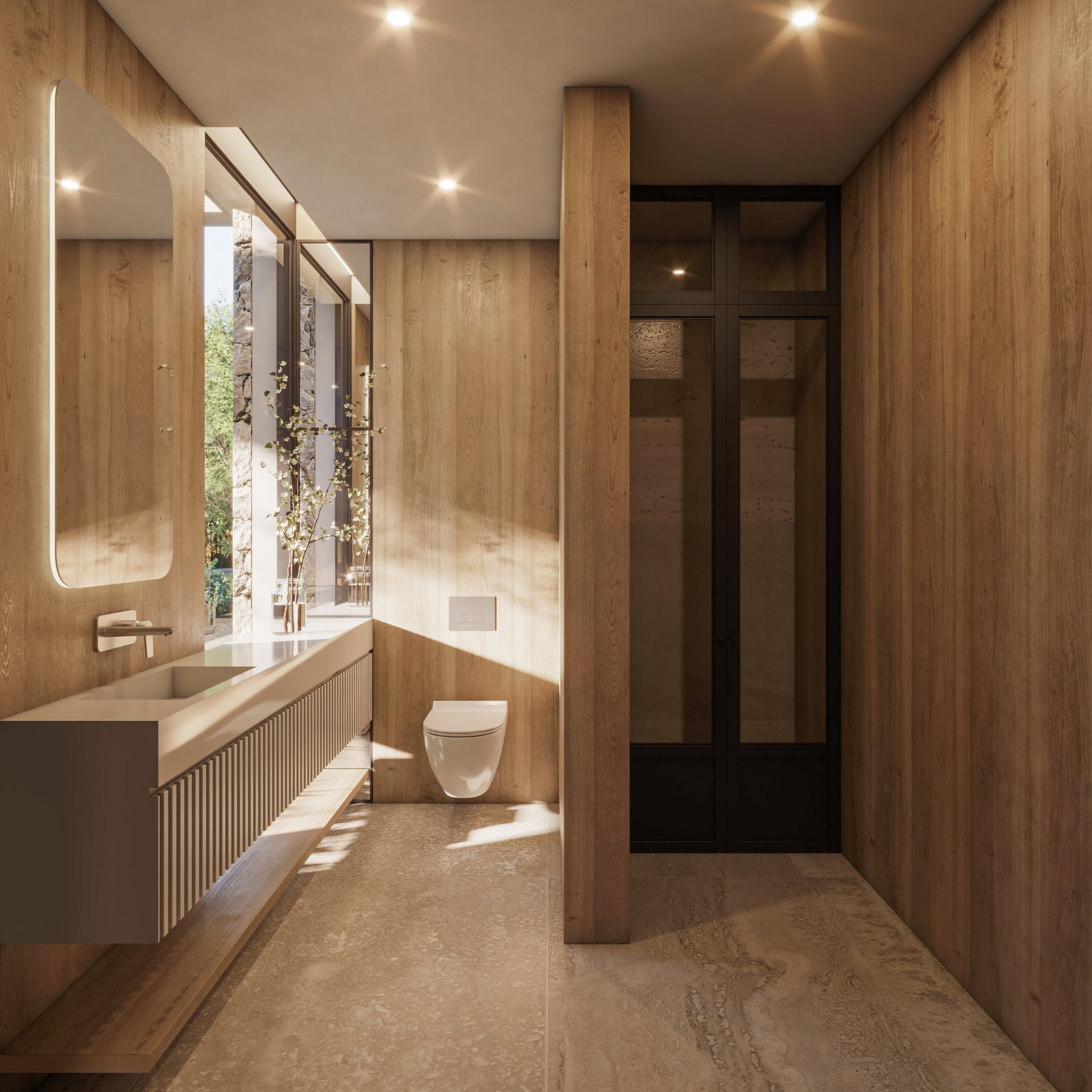 Baño moderno con paredes de madera y luz indirecta — proyecto Casa GOLF, por Grupo CRBN, en Ruta Panamericana Nº. 9