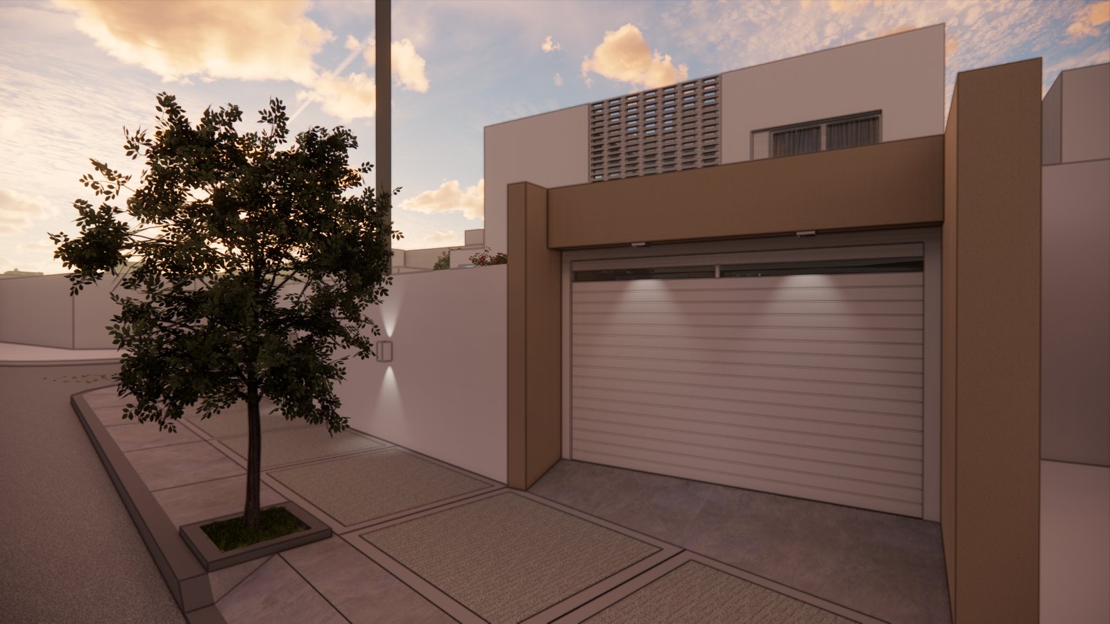 fachada moderna con árbol y puerta de garaje — proyecto FACHADAS JS, por Todo con A, en X5125 Monte Cristo