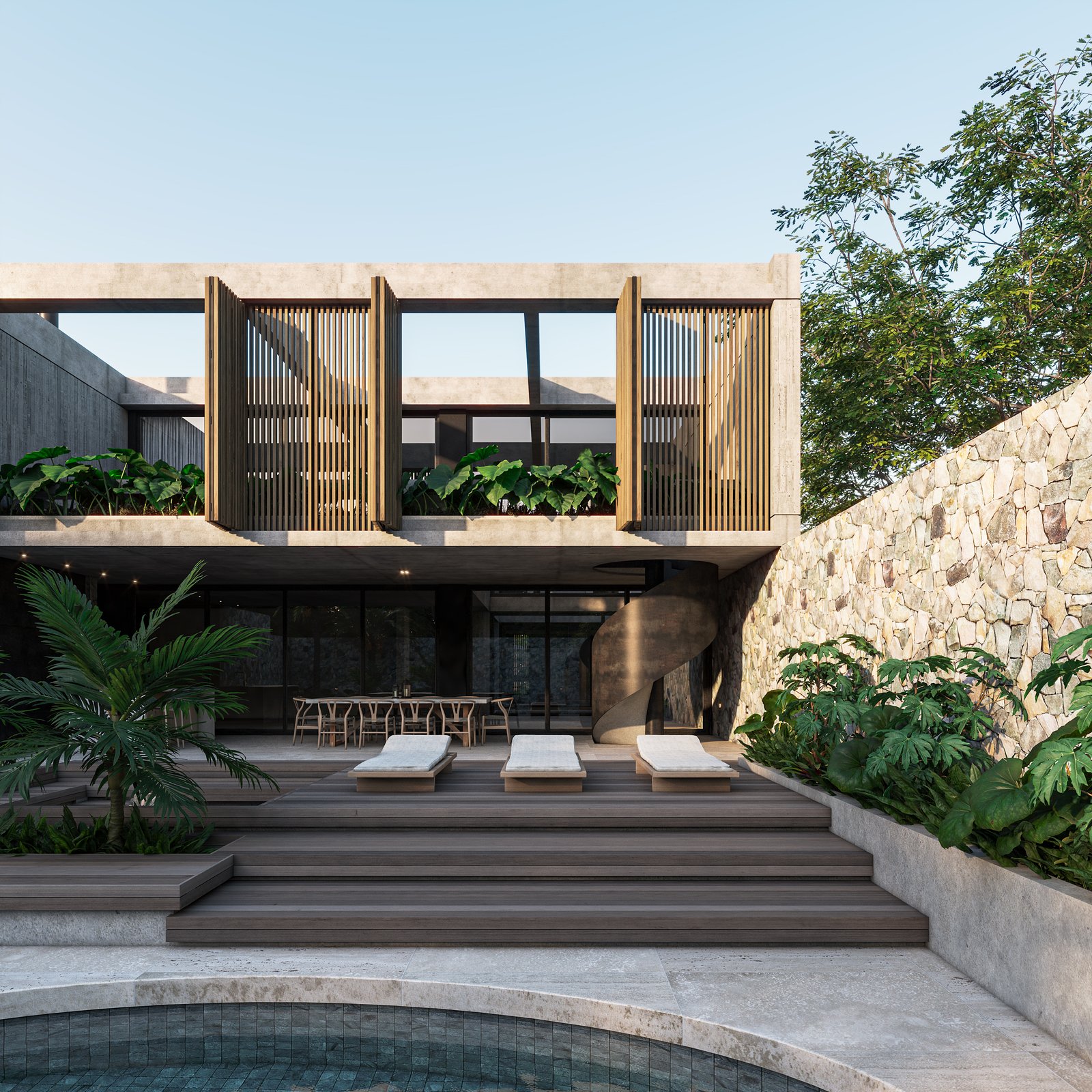 Fachada moderna con muros de concreto y piedra, estilo residencial — proyecto Casa MITO, por Grupo CRBN, en Ituzaingó