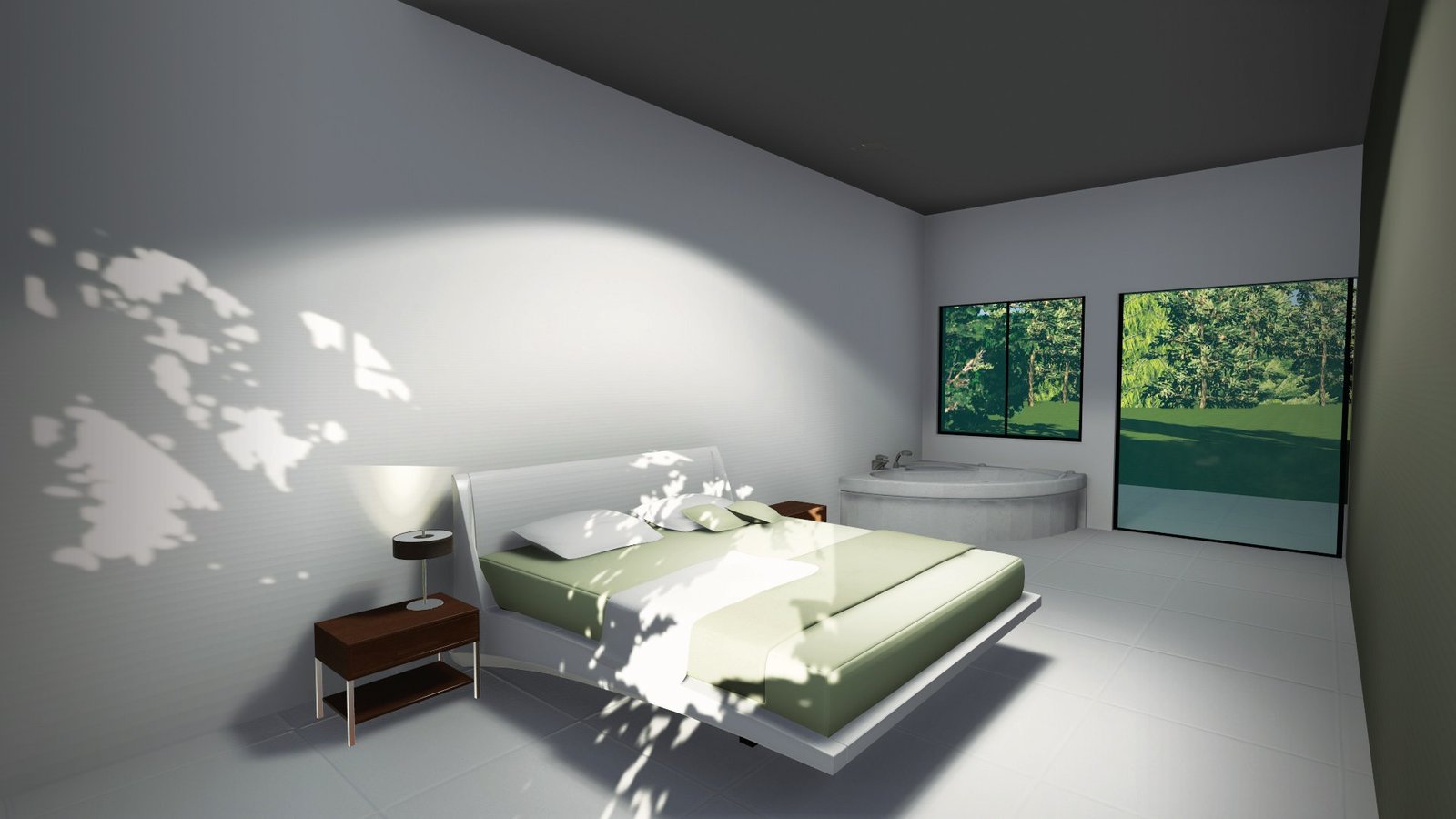 Dormitorio moderno minimalista con bañera exenta y vista al bosque — proyecto Casa en el Bosque, por Arquitecto Gustavo Maidana, en Santa Ana de los Guácaras