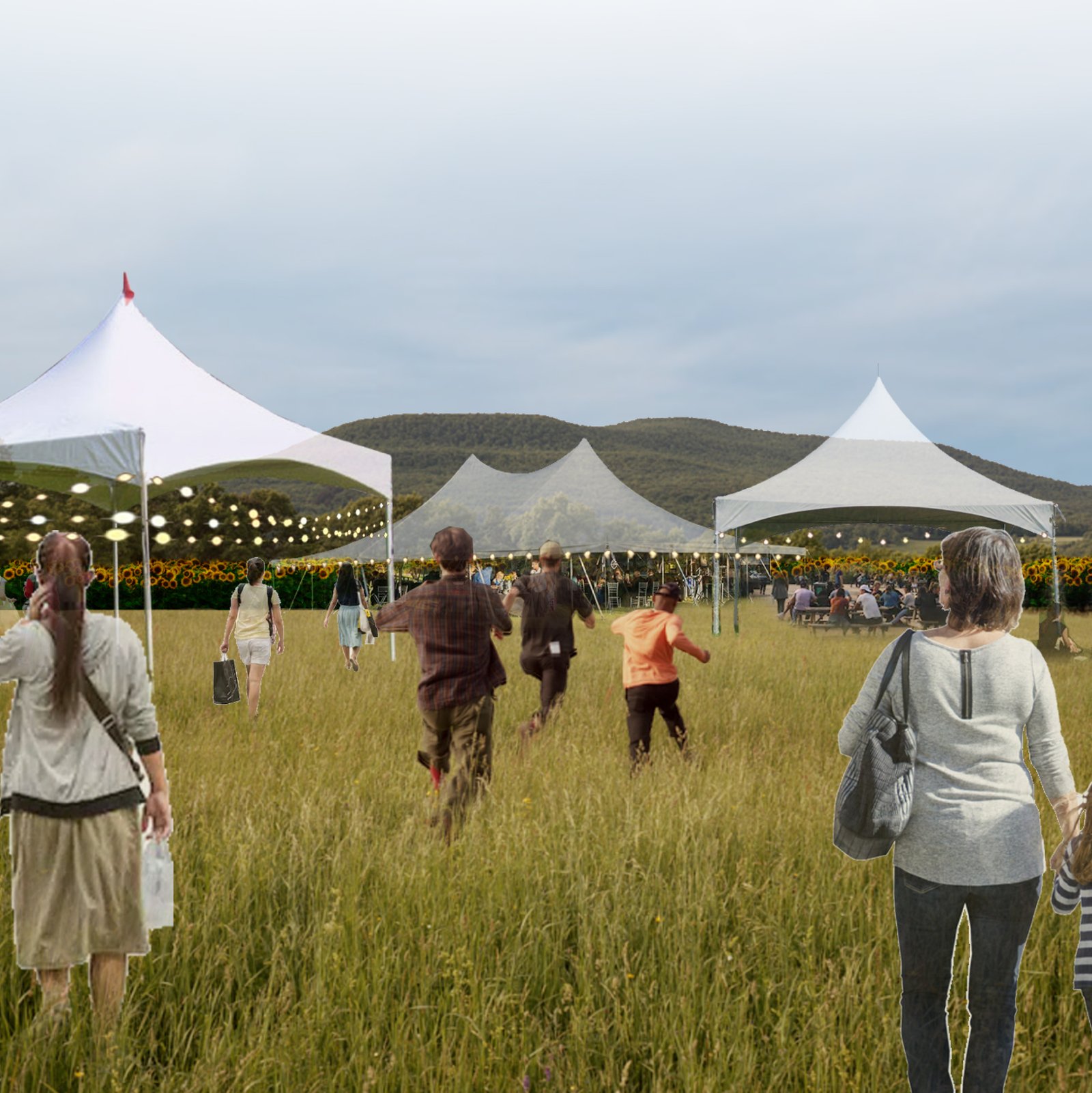 Evento ao ar livre com tendas brancas em campo — projeto Distrito - Yerba Buena, Tucumán, por Estudio Rifahi, em Yerba Buena