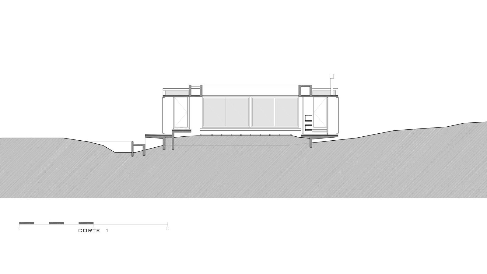 corte y planta de casa moderna minimalista — proyecto Casa Médanos, por Besonías Almeida arquitectos, en JWRC+MQ