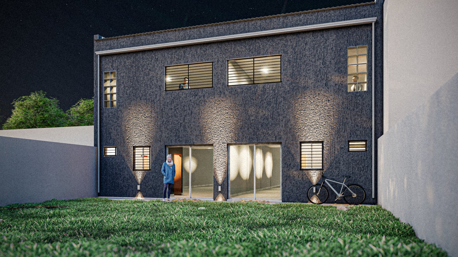 fachada moderna de casa con luces integradas y césped — proyecto Locales G66, por Estudio Llobet, en Av. 66 2382