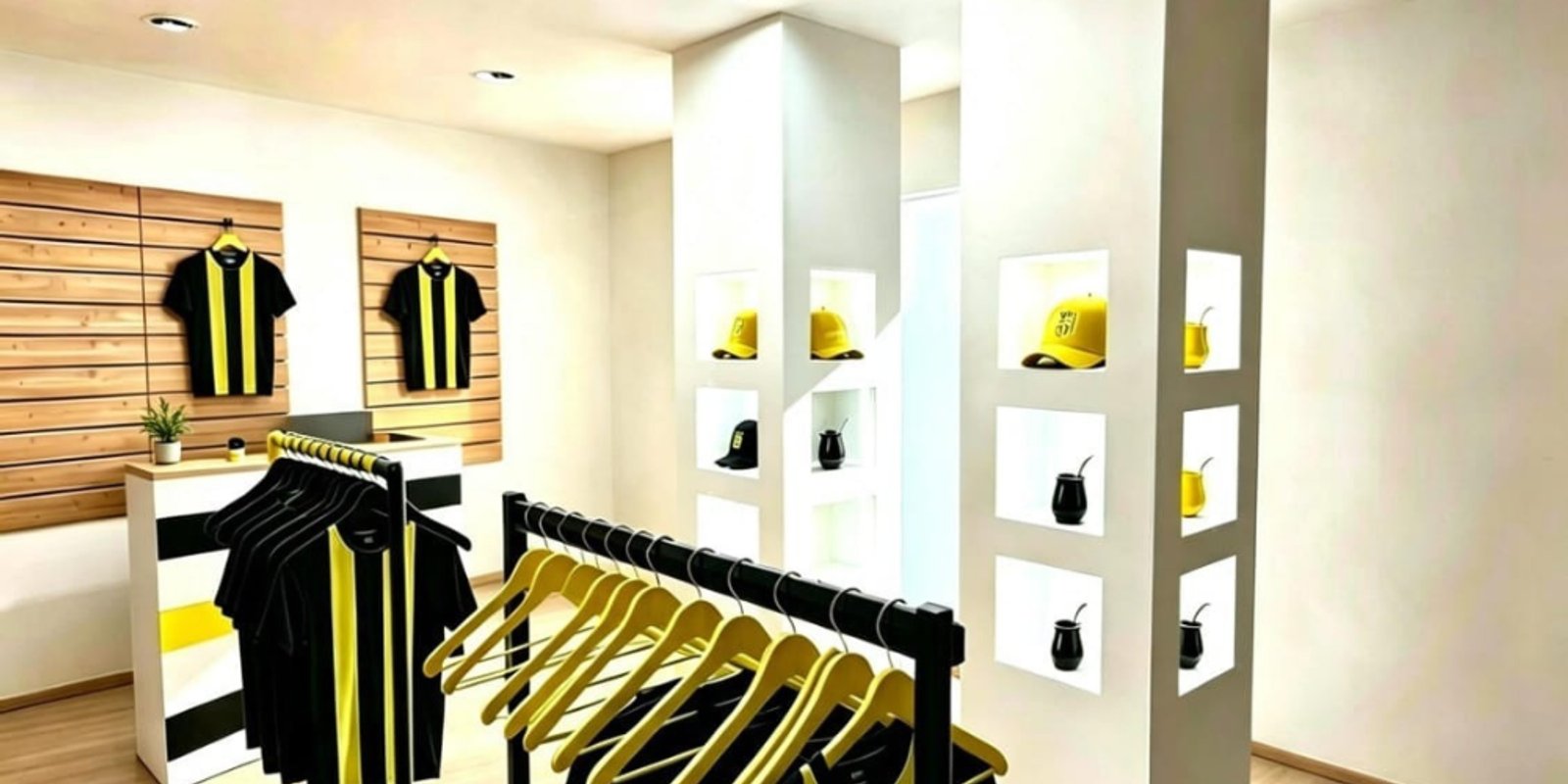 Loja comercial moderna com roupas listradas em preto e amarelo — projeto Showroom Club Olimpo Bahía Blanca, por FA DISEÑO Y AMBIENTACION, em Bahía Blanca