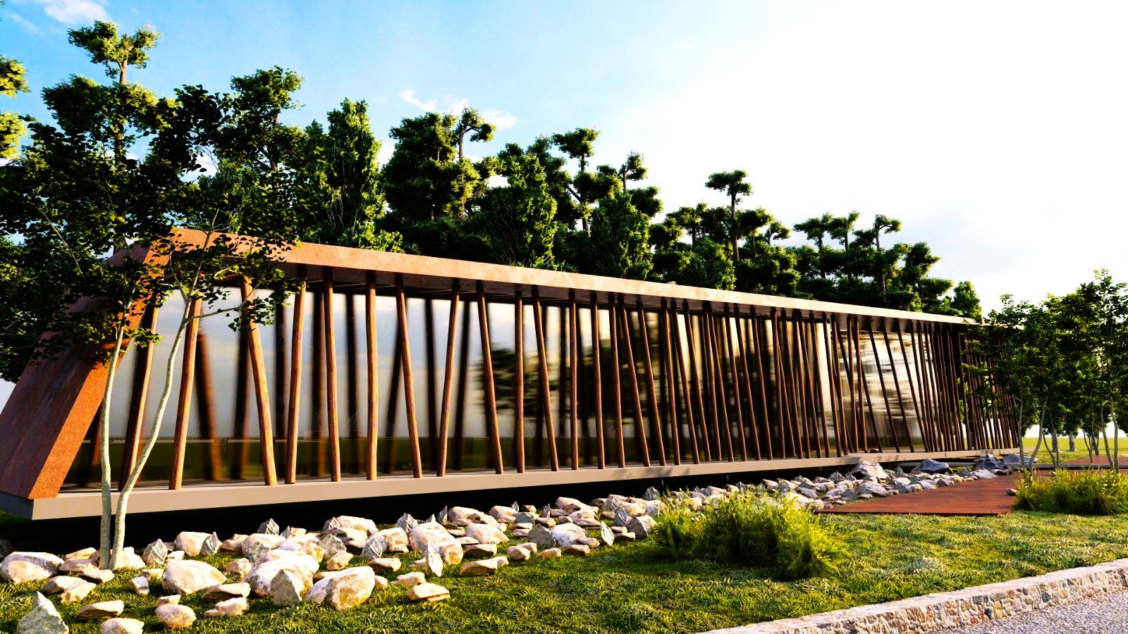 fachada moderna con paneles de madera y grandes ventanales — proyecto PABELLÓN POLIFUNCION, por ML ARQUITECTURA / ARQ. MARIANO LEOTTA, en Santa Lucía