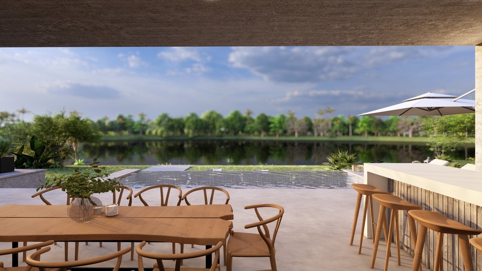 área de piscina moderna com vista para o lago — projeto Casa AC, por Hermann Arquitectos, em Nordelta