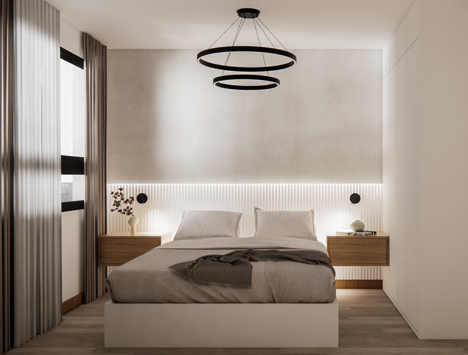 Quarto moderno escandinavo com parede texturizada e pendente circular — projeto Estética Soft: Madera, Luz y Confort, por Mela Deco Design, em Buenos Aires