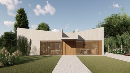 Casa minimalista moderna con fachada blanca y madera, jardín frontal — proyecto Casa Andarivel, por Grupo Studio, en Ciudad de Córdoba